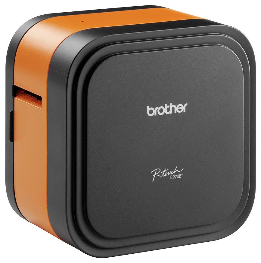 "Brother P-touch"-etikettrinter i svart och orange, kompakt design lämplig för personliga eller kontorsmärkningsbehov.
