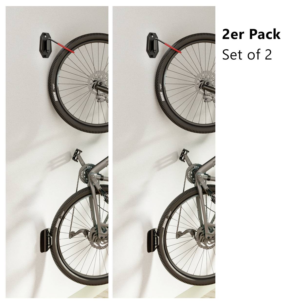 "2er Pack Set of 2" väggmonterade cykelstativ som håller två cyklar vertikalt och visar utrymmebesparande lagring.