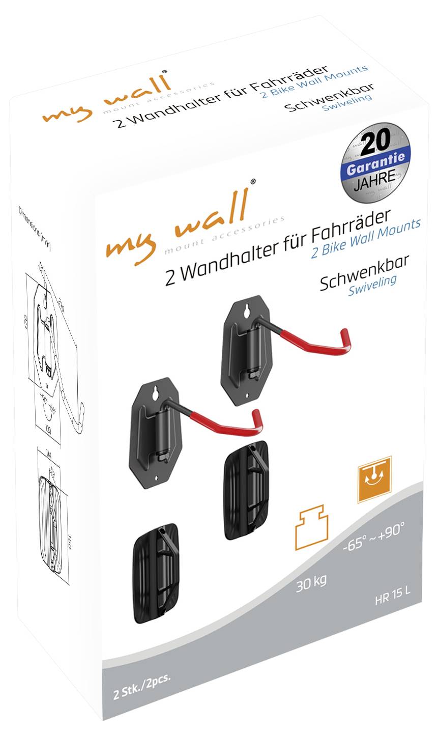 Box med "my wall 2 Bike Wall Mounts" med svängbar funktion, stödjer upp till 30 kg. Paketet innehåller två fästen, visade med röda svängbara armar.