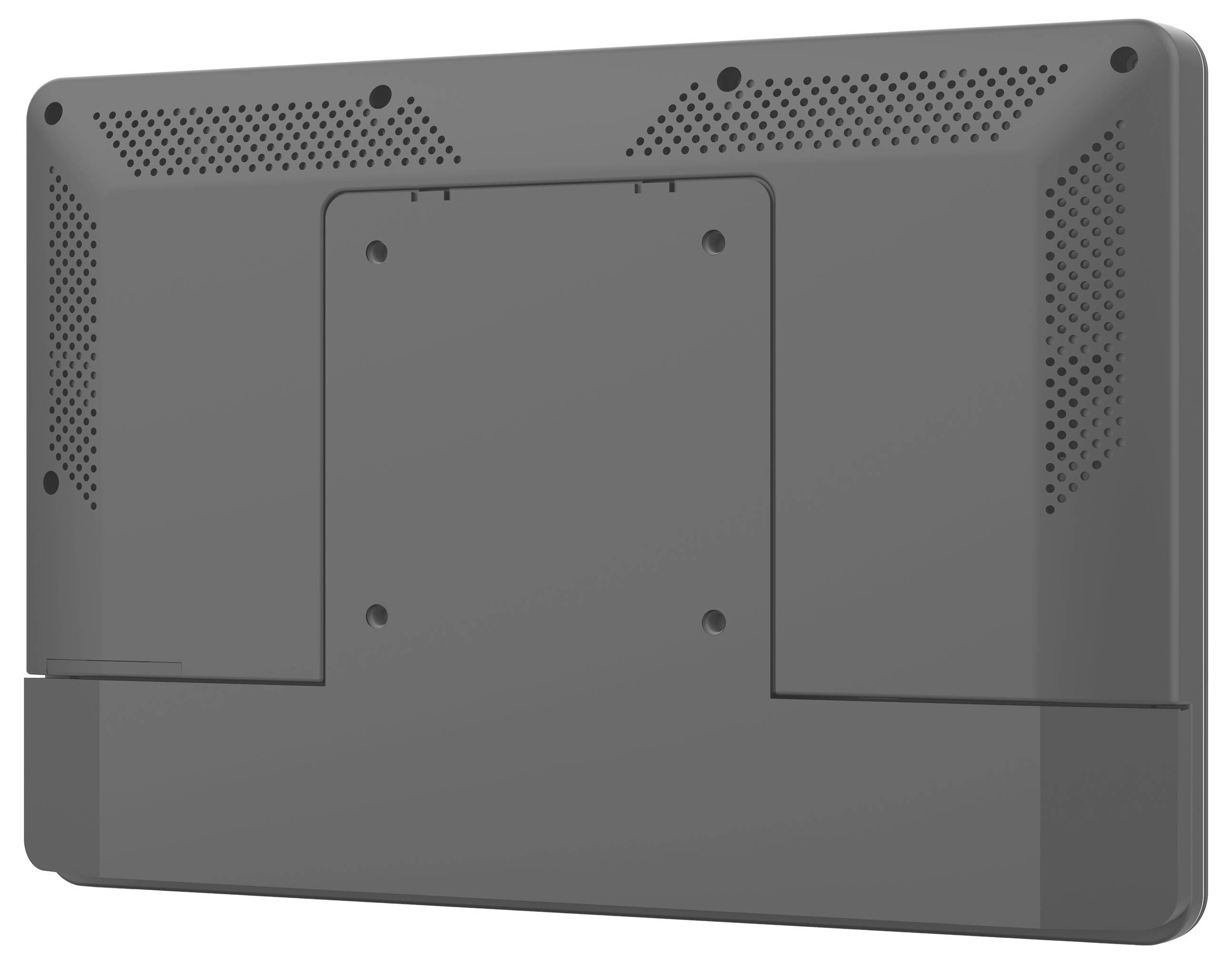 'Bakvy av en grå elektronisk enhet med ventilationshål och en central panel för väggmontering.'
