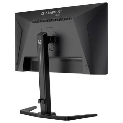 En svart spelskärm med modellnamnet 'G-Master' på baksidan. Den är utrustad med ett robust ställ med justerbar höjd och lutning.