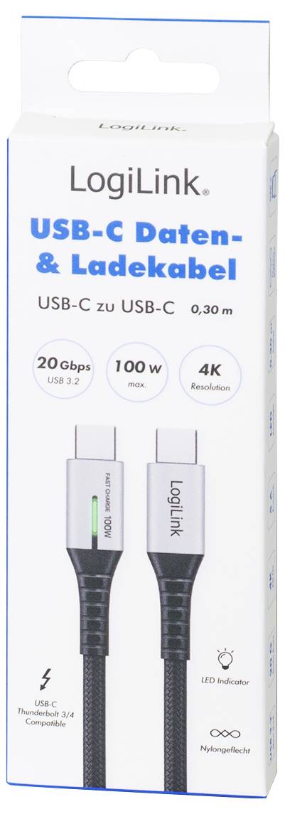 LogiLink USB-C Kabel USB 3.2 Gen2x2 USB-C®-kontakt 0.30 m Svart med LED, 4K UHD, Tillämplig kontakt på båda sidor CU0430-5