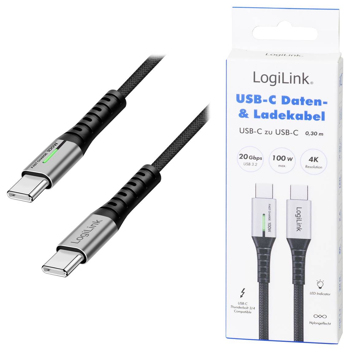 LogiLink USB-C Kabel USB 3.2 Gen2x2 USB-C®-kontakt 0.30 m Svart med LED, 4K UHD, Tillämplig kontakt på båda sidor CU0430-6