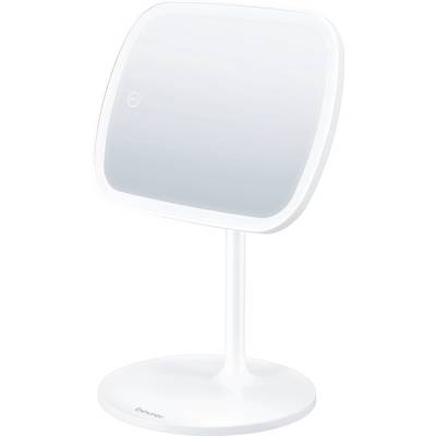 Fyrkantig spegelbord med vit ställning, lutad något uppåt, designad för personlig hygien eller sminkapplikation.