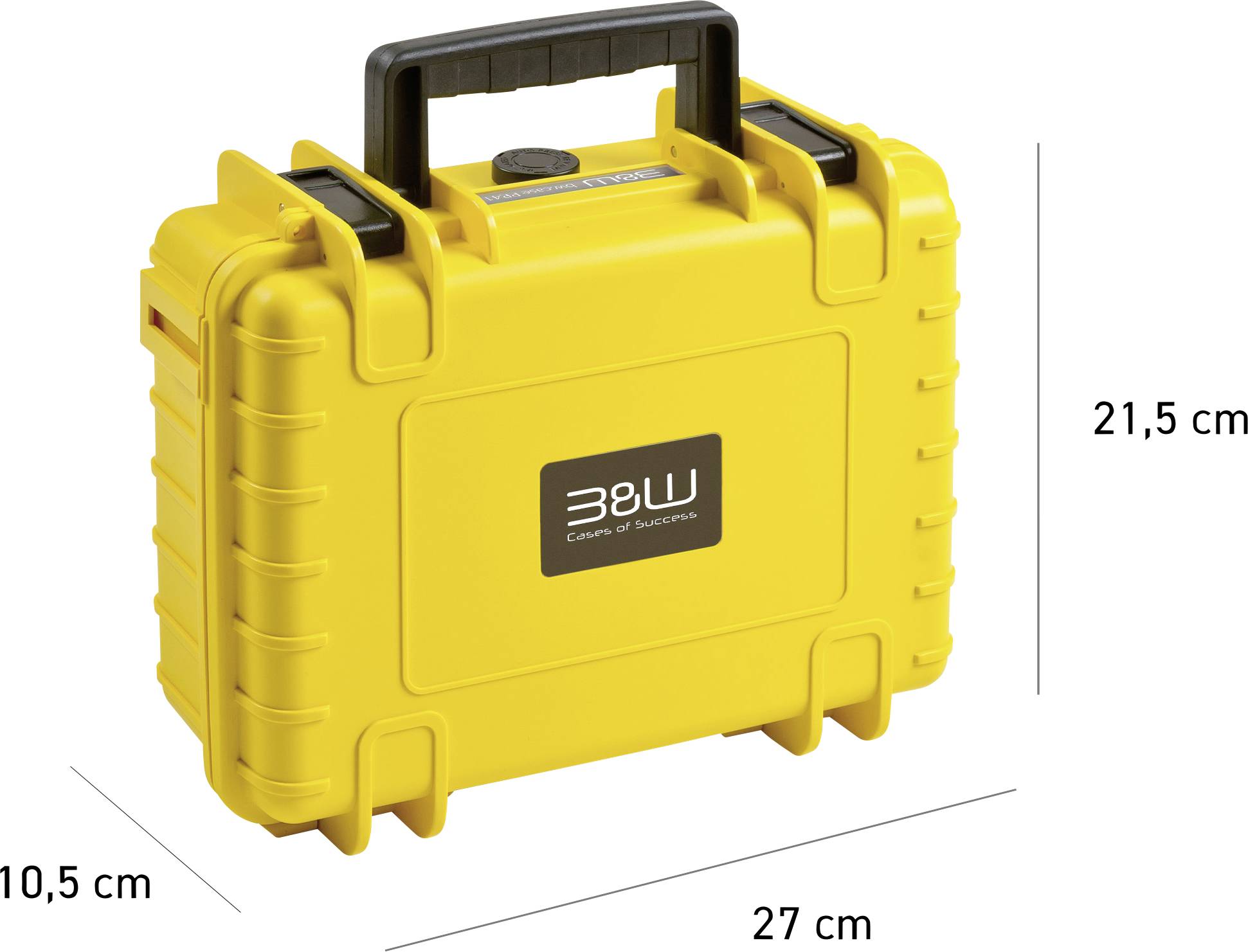 En gul hårt plastkoffert mäter 27 cm i bredd, 21,5 cm i höjd och 10,5 cm i djup.