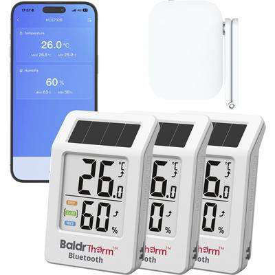 Bluetooth digital termometer och hygrometer set med smartphone-app display som visar 26,0°C och 60% luftfuktighet, plus sensor och tre trådlösa enheter.