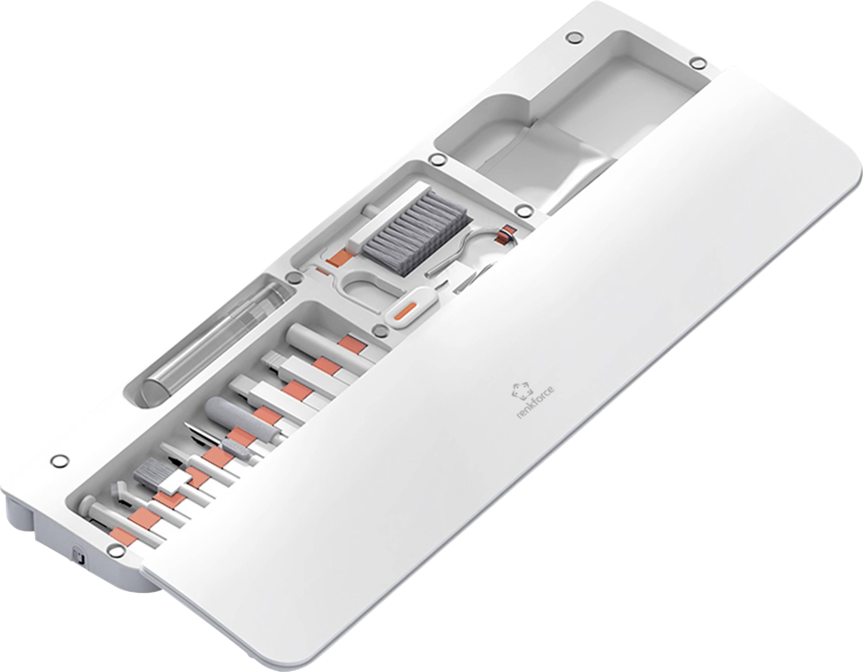 En vit plastverktygsorganisatör innehållande olika små verktyg och bitar i individuella fack, var och en säkrad med ett lås.
