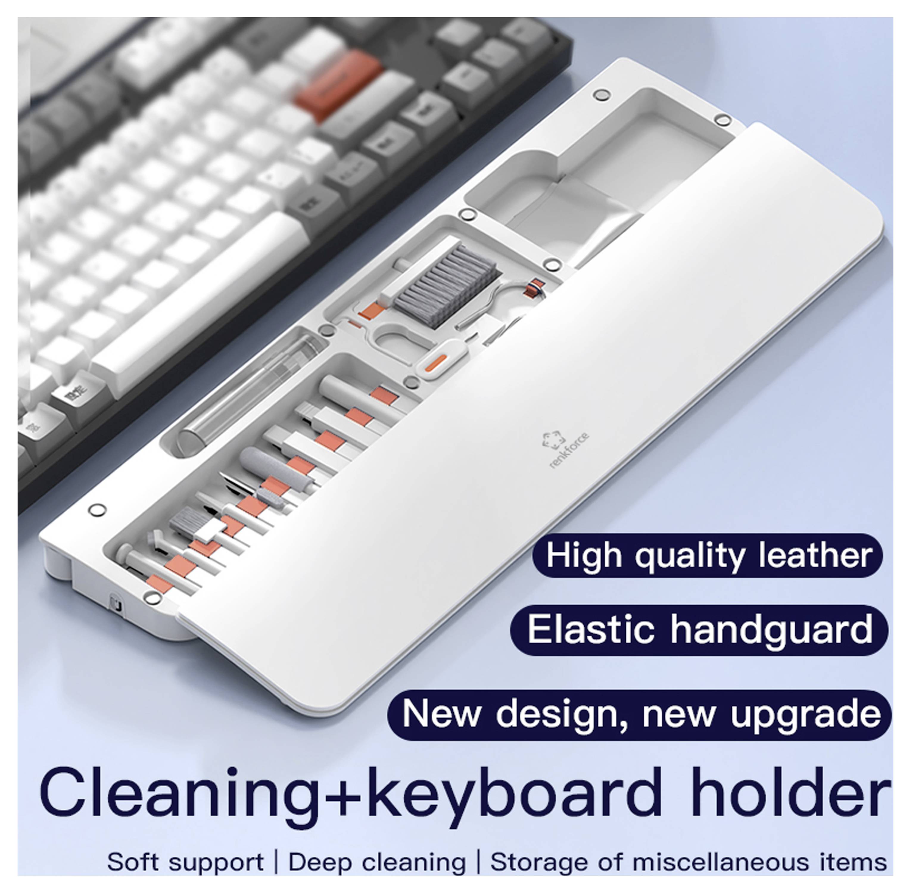 "Rengöring + tangentbordhållare" i elegant vit design med integrerade rengöringsverktyg. Beskrivande etiketter framhäver högkvalitativt läder och elastisk handskydd.