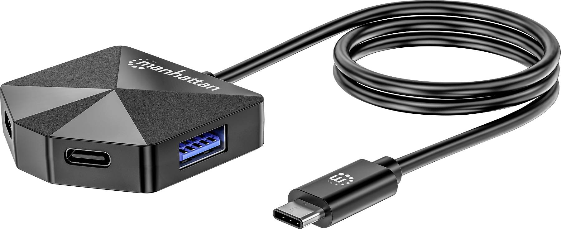 Gearhasten USB Type-C till USB 3.0-adapter med flera portar och kabel. Erbjuder en USB-C-port och en USB 3.0-port. Kompakt design i svart.