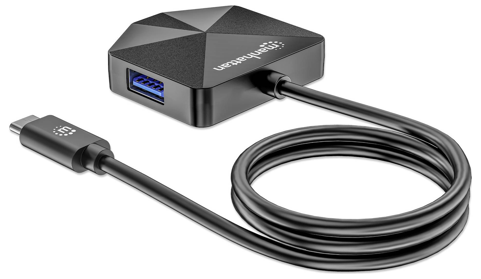 En kompakt svart USB-C till USB-adapter med en långt kabel och blå USB-port för anslutning av enheter.