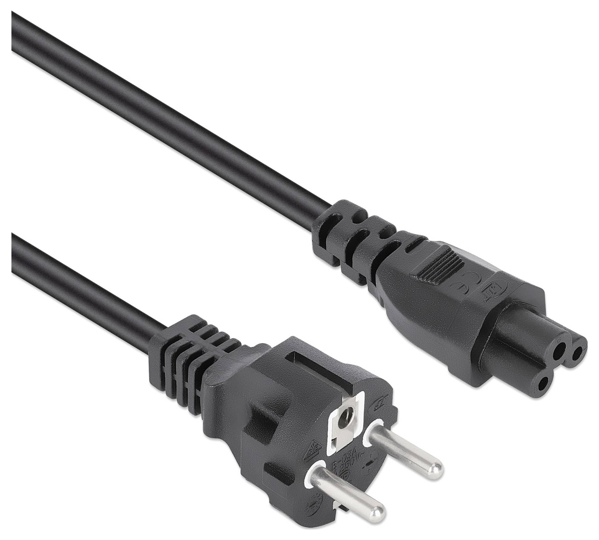 Europeisk tvåstiftsuttag och C5-kontakt strömkabel, svart, används för att ansluta elektroniska enheter till strömkällor.