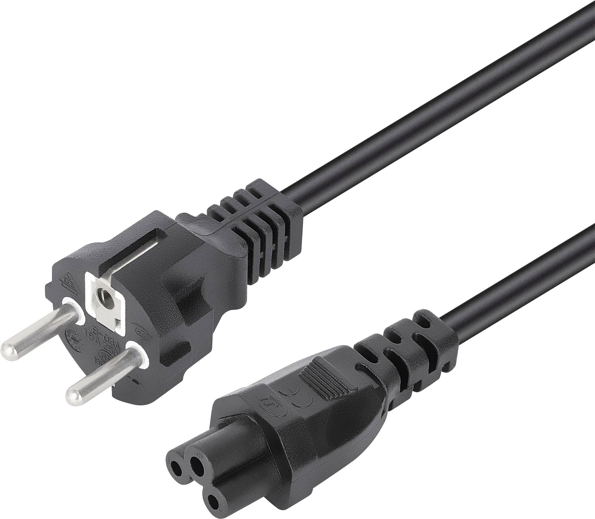 En elektrisk strömkabel med ett europeiskt kontakt på ena änden och en trepolig anslutning på den andra änden.