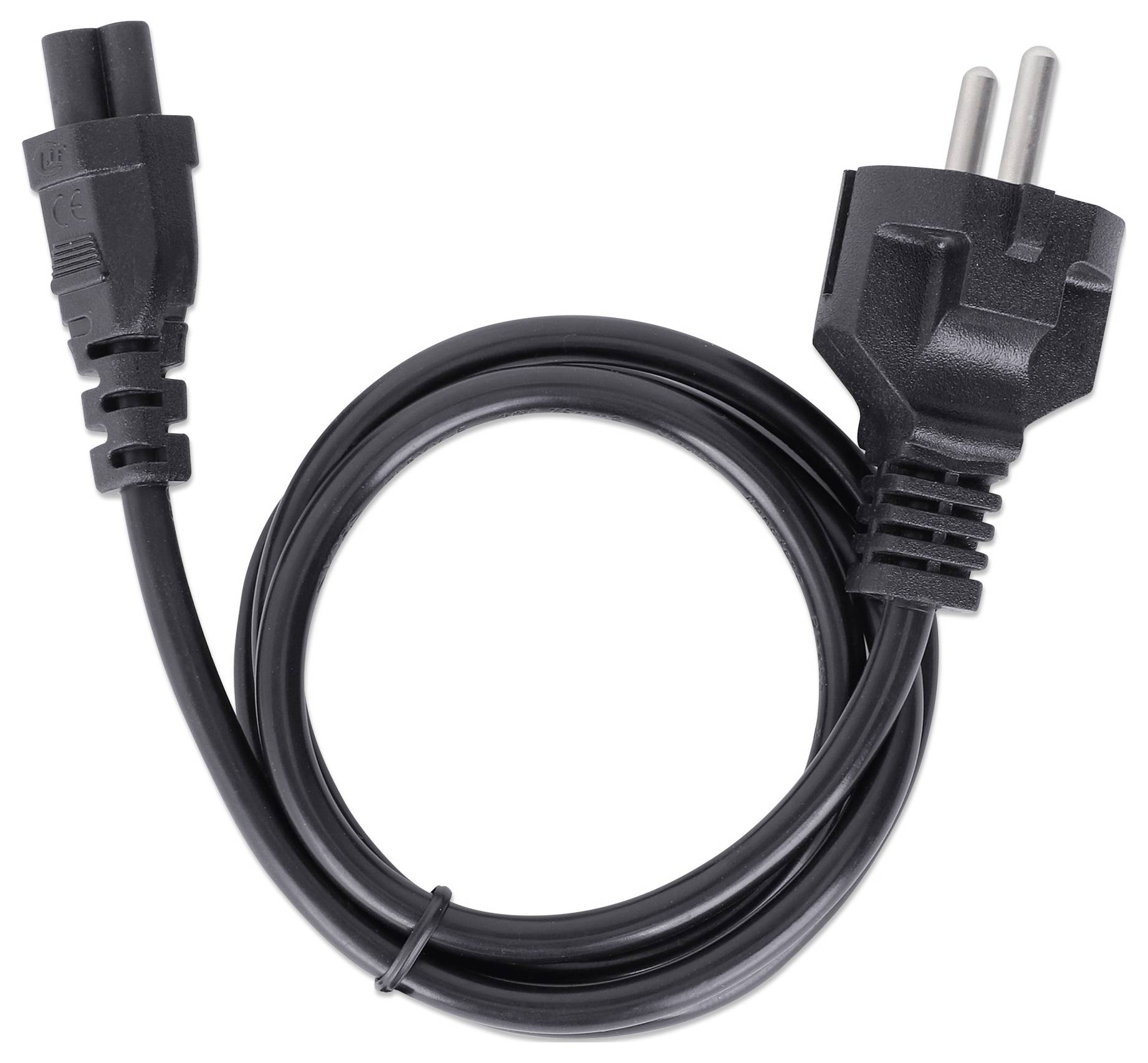 En svart elektrisk strömkabel, uprustad med ett tvåpinigs hankontakt i ena änden och honkontakt i den andra änden, placerad på en ljus bakgrund.