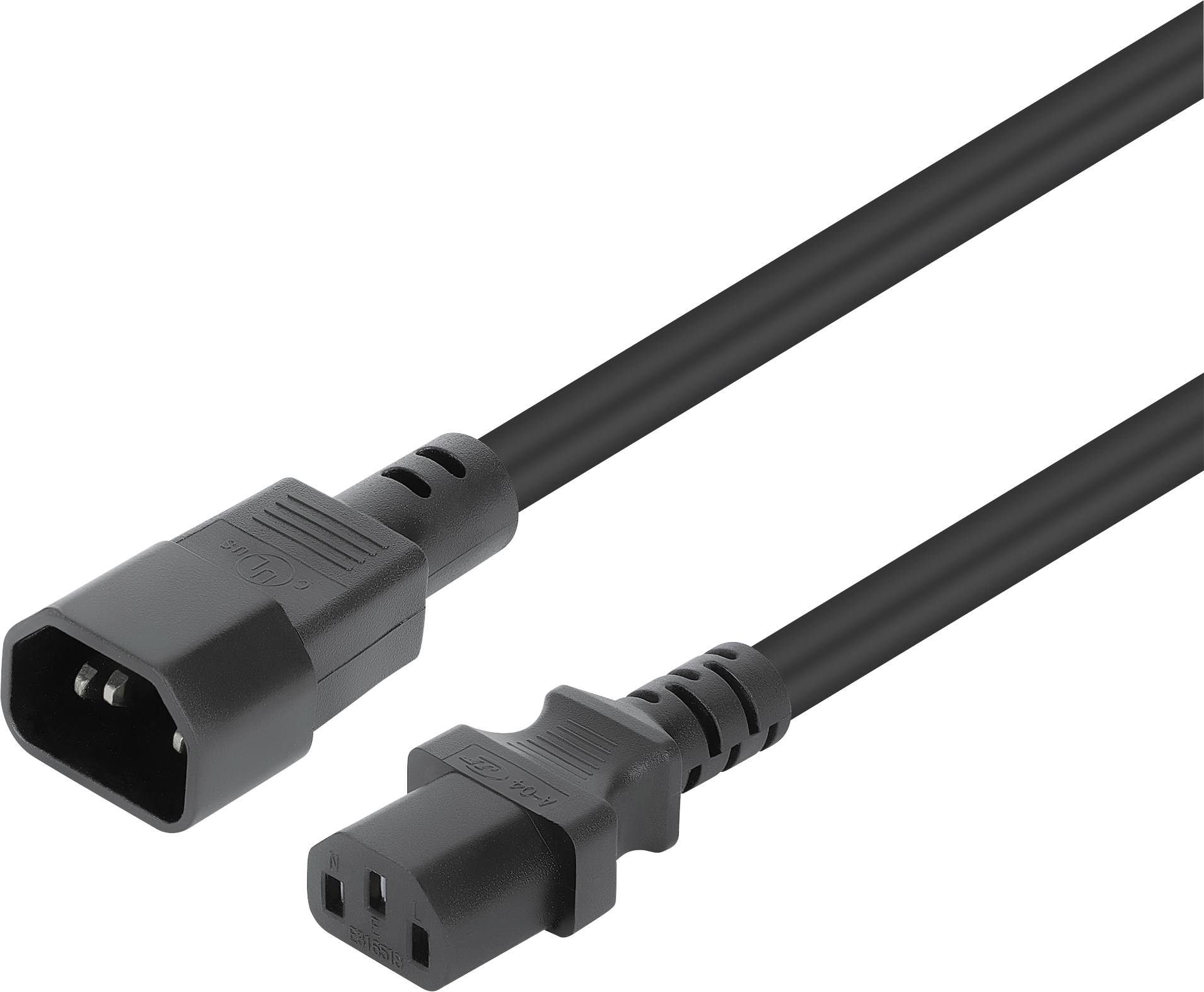 En svart strömkabel med en C13-kontakt i ena änden och en C14-kontakt i den andra änden, används för att ansluta elektroniska enheter till strömkällor.