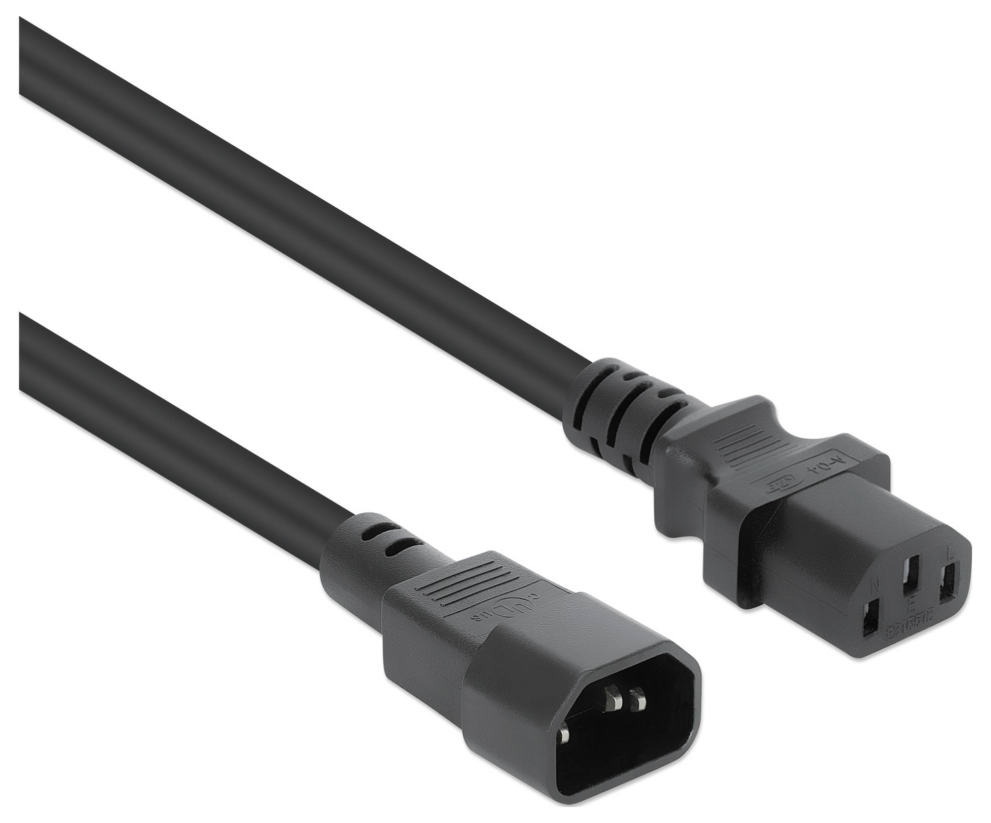 Två svarta strömkablar med ändar visade; en med en C13-kontakt och den andra med en C14-kontakt, vanligt använda för att ansluta elektroniska enheter.