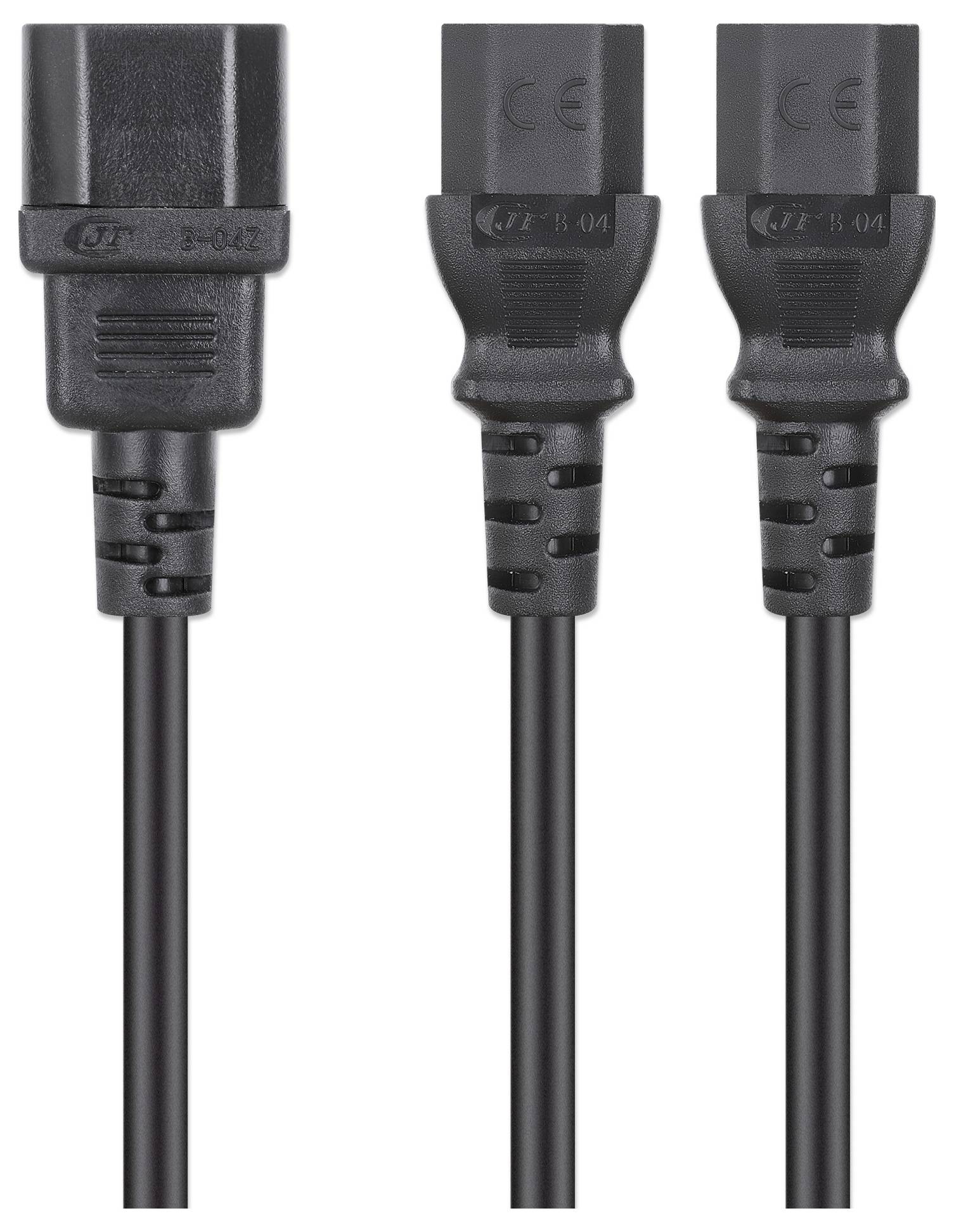 Tre svarta IEC C13-sladd med "CE"-märkningar på kontakterna, använda för att ansluta elektronik till en strömkälla.