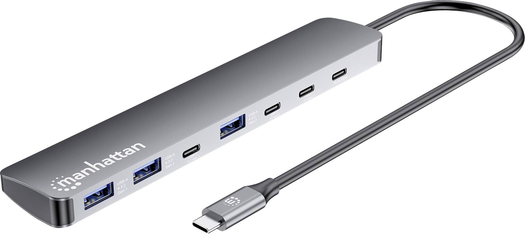En silvergrå USB-C-hubb med flera portar från Manhattan med olika USB- och HDMI-portar, utrustad med en kabel för anslutning.
