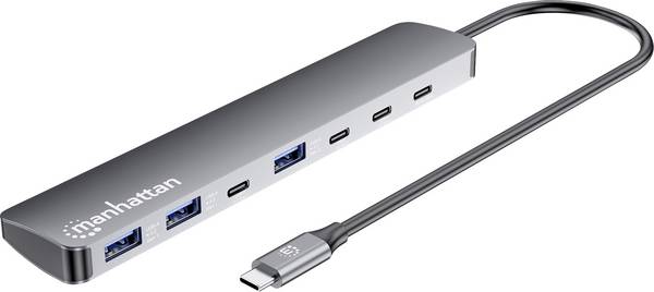 Manhattan 181167 USB-hubb 4 + 3 portar USB-C®, USB-A USB 3.2 Gen2 10 GBit/s med USB-C-kontakt, Aluminiumhölje Space Grå 7-Port 10G/5G USB-C / USB-A Hub 4+3 mit Power Delivery