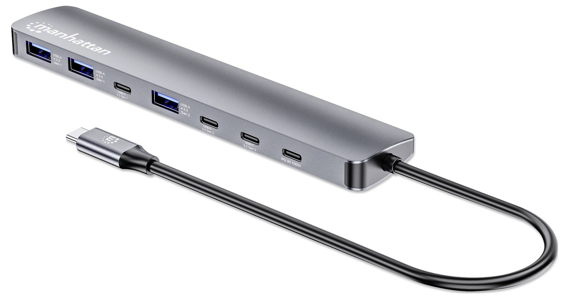 En smal, grå flerbortadapter med USB-C-anslutning, med flera USB- och USB-C-portar.