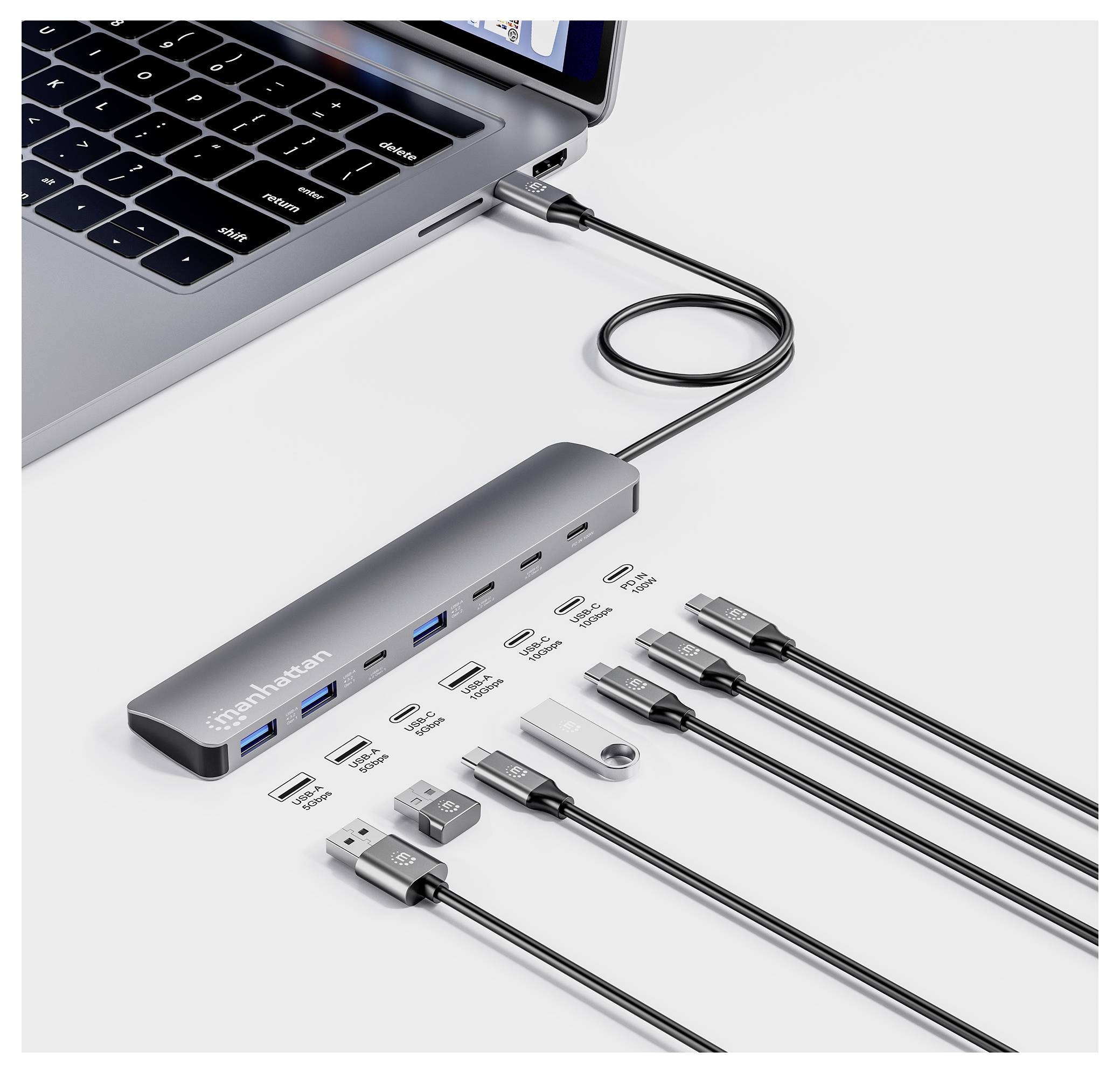 En bärbar dator är ansluten till en USB-C-hubb med flera portar och flera kabeltyper, inklusive HDMI, USB och SD-kortläsare, märkta i en snygg layout.
