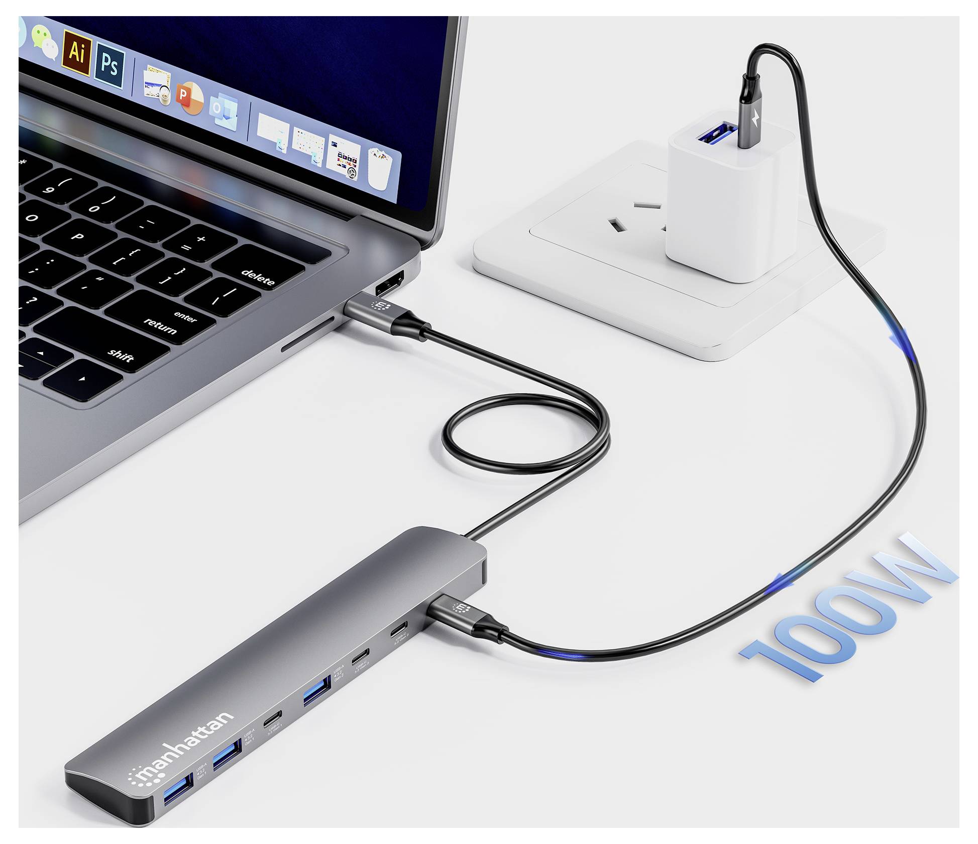 En bärbar dator ansluten till en USB-C-hubb med flera portar, inklusive USB och HDMI, som laddas via en 100W strömadapter inkopplad i ett vägguttag.