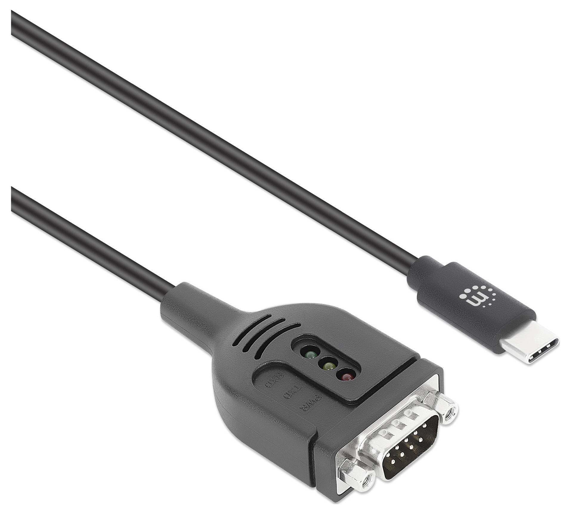 En svart USB-C till RS-232 serieadapterkabel med en USB-C-anslutning i ena änden och en 9-pins seriell anslutning i den andra änden.