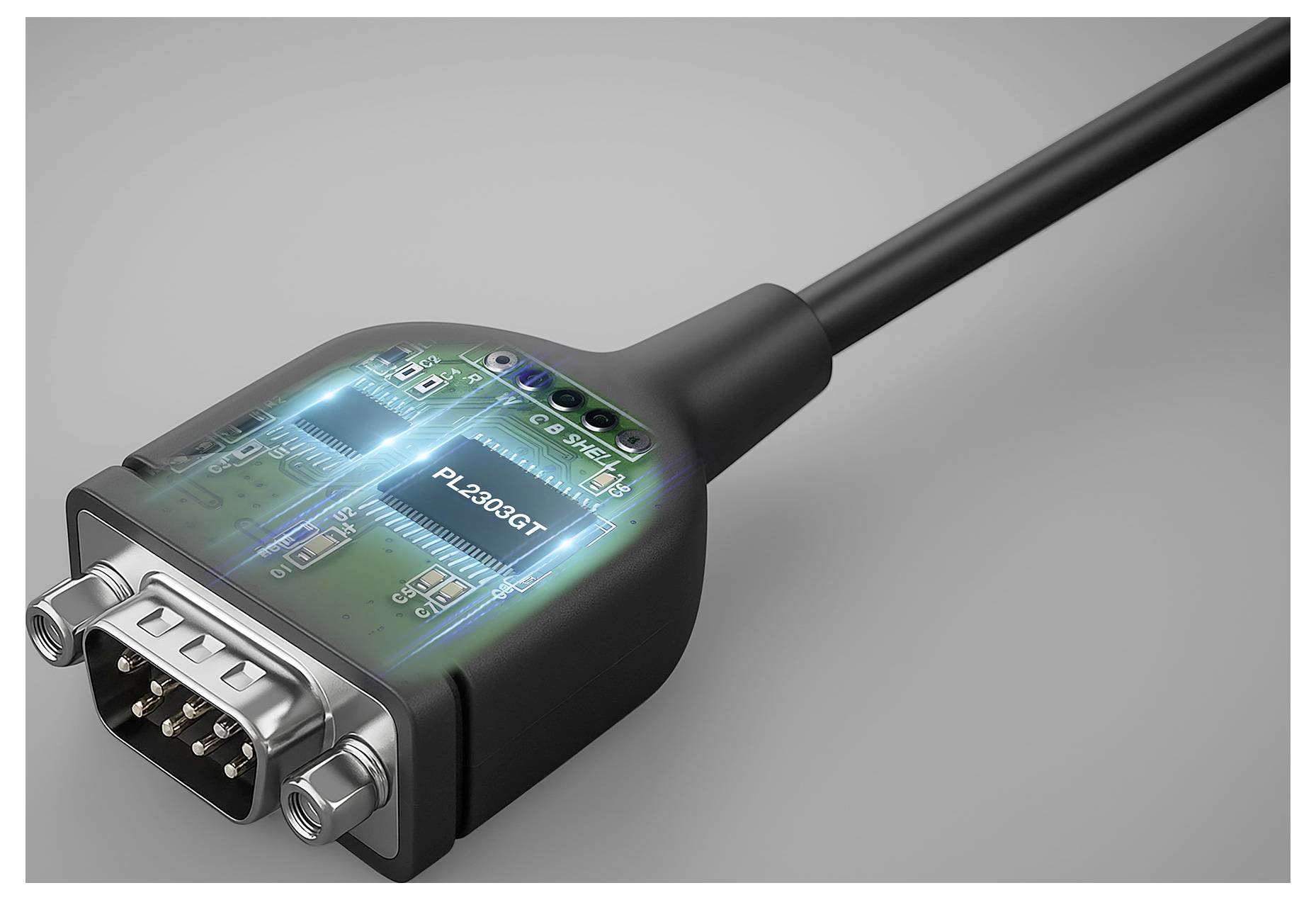 En närbild av en svart elektronisk kabel med transparent hölje visar ett kretskort märkt "PL-2303GT". Kabelns ände avslutas med en USB-anslutning.
