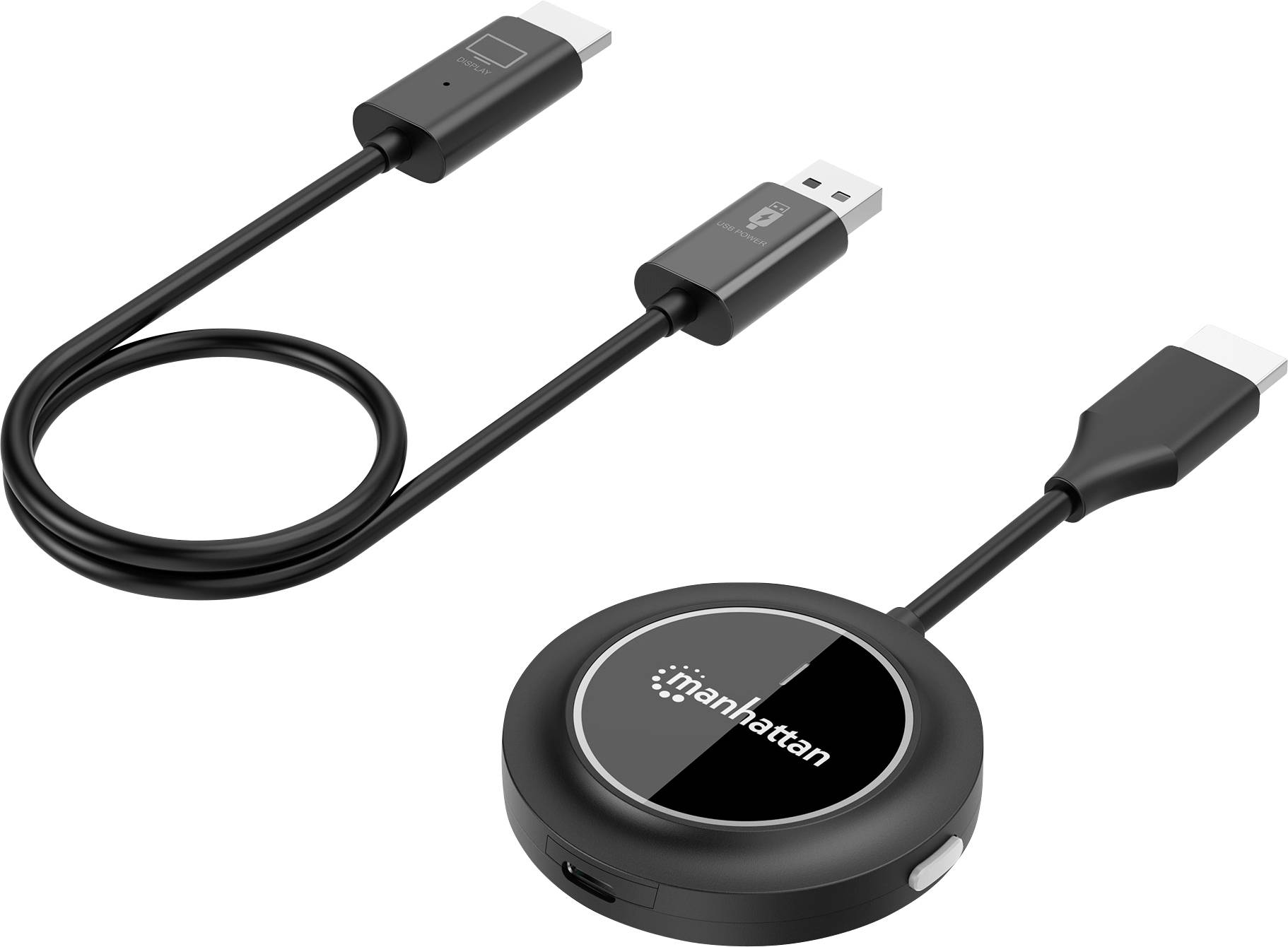 En svart trådlös presentationsenhet med en HDMI-kontakt, USB-nätsladd och en huvudhubb märkt "Manhattan".