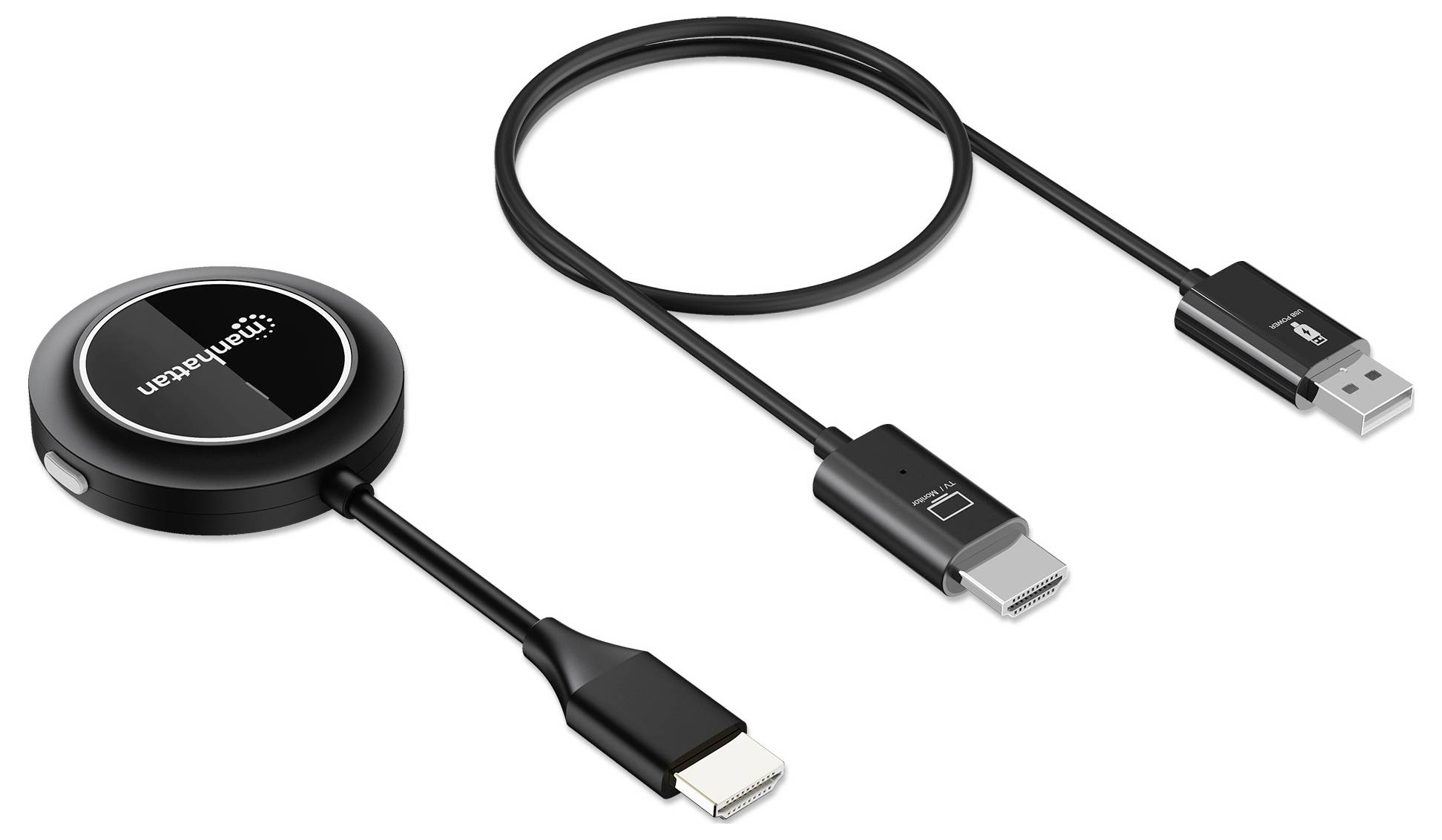 En skrivbordströmmingsenhet med en svart knapp, HDMI-anslutning, USB-C och USB-kablar, används för skärmkopplingar.