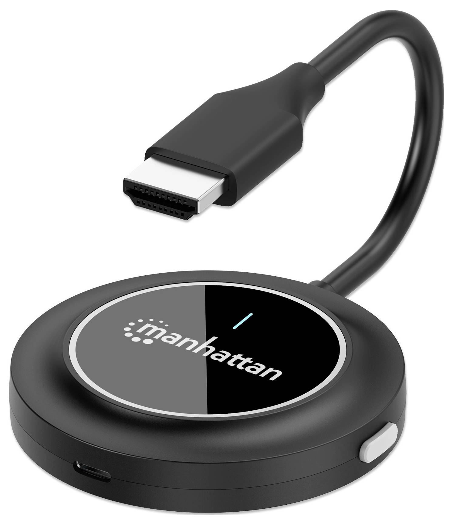 En rund, svart HDMI-trådlös skärmdisplayadapter med en kort kabel, märkt "manhattan" i mitten, används för skärmspegeling.