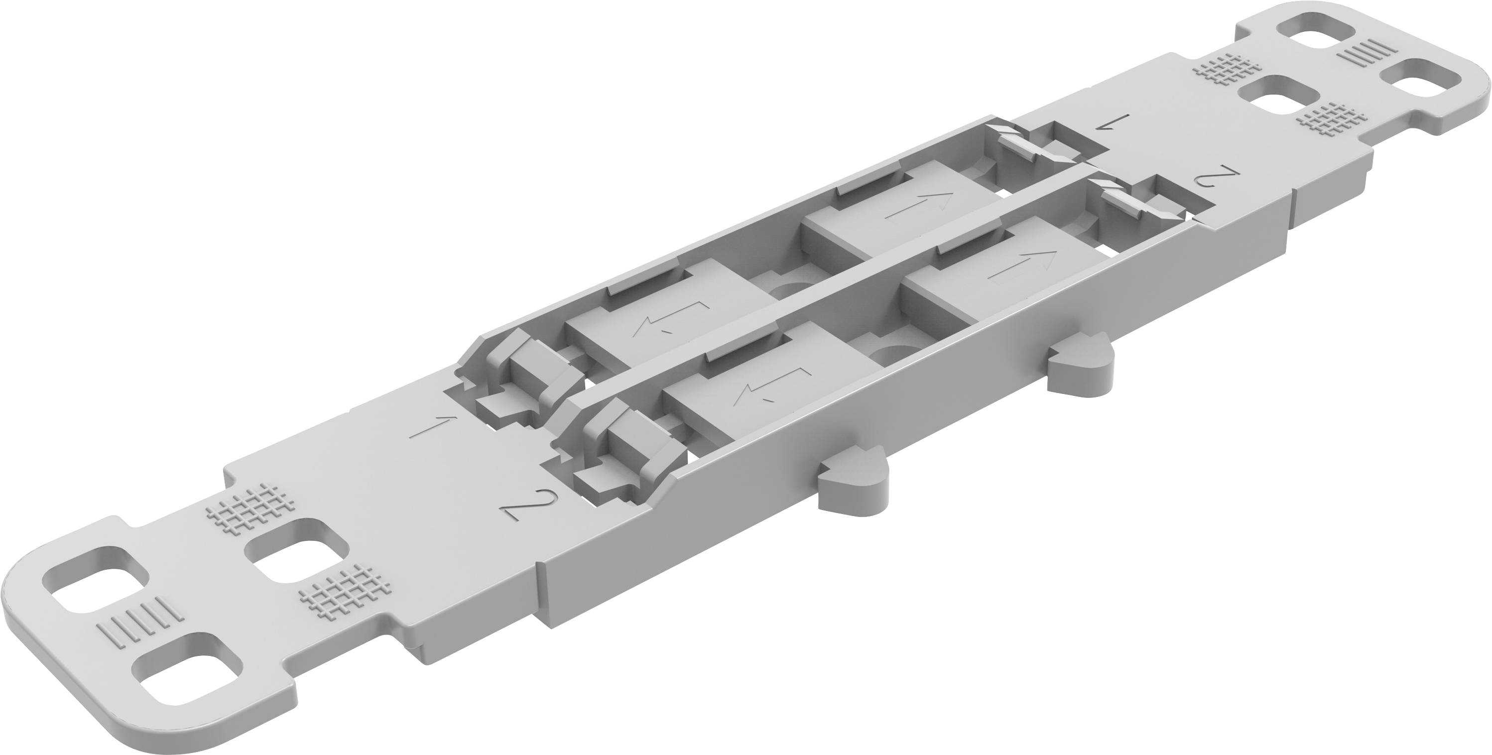 3D-rendering av en dubbelportad fiberoptisk modul med metallhölje och låsmekanismer, visad i skruvperspektiv på vit bakgrund.
