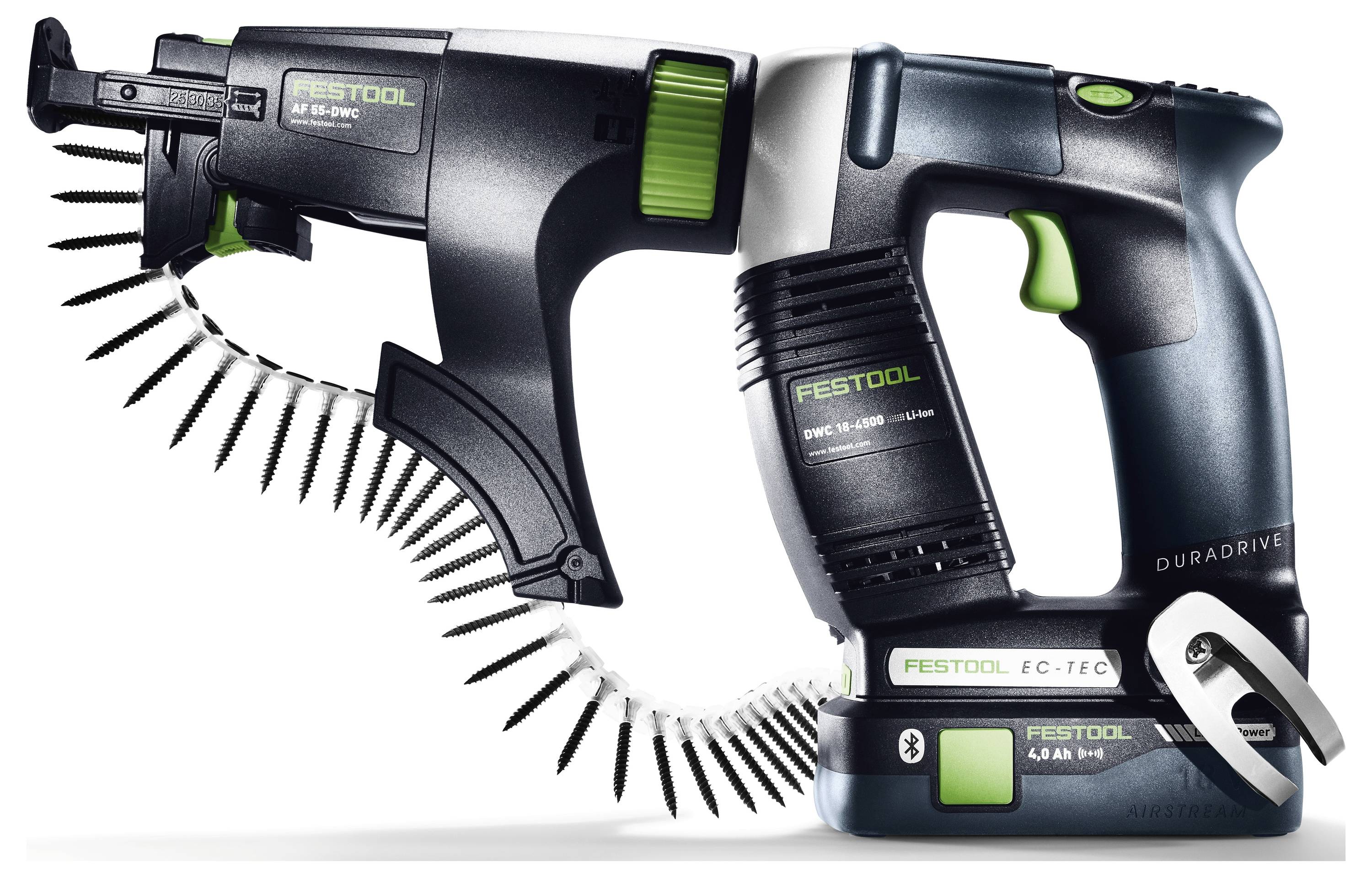 Två Festool-elverktyg: limskruvpistolen DWC 18-4500 och DURADRIVE EC-TEC 4.0Ah Li-ion-driven, visade sida vid sida.