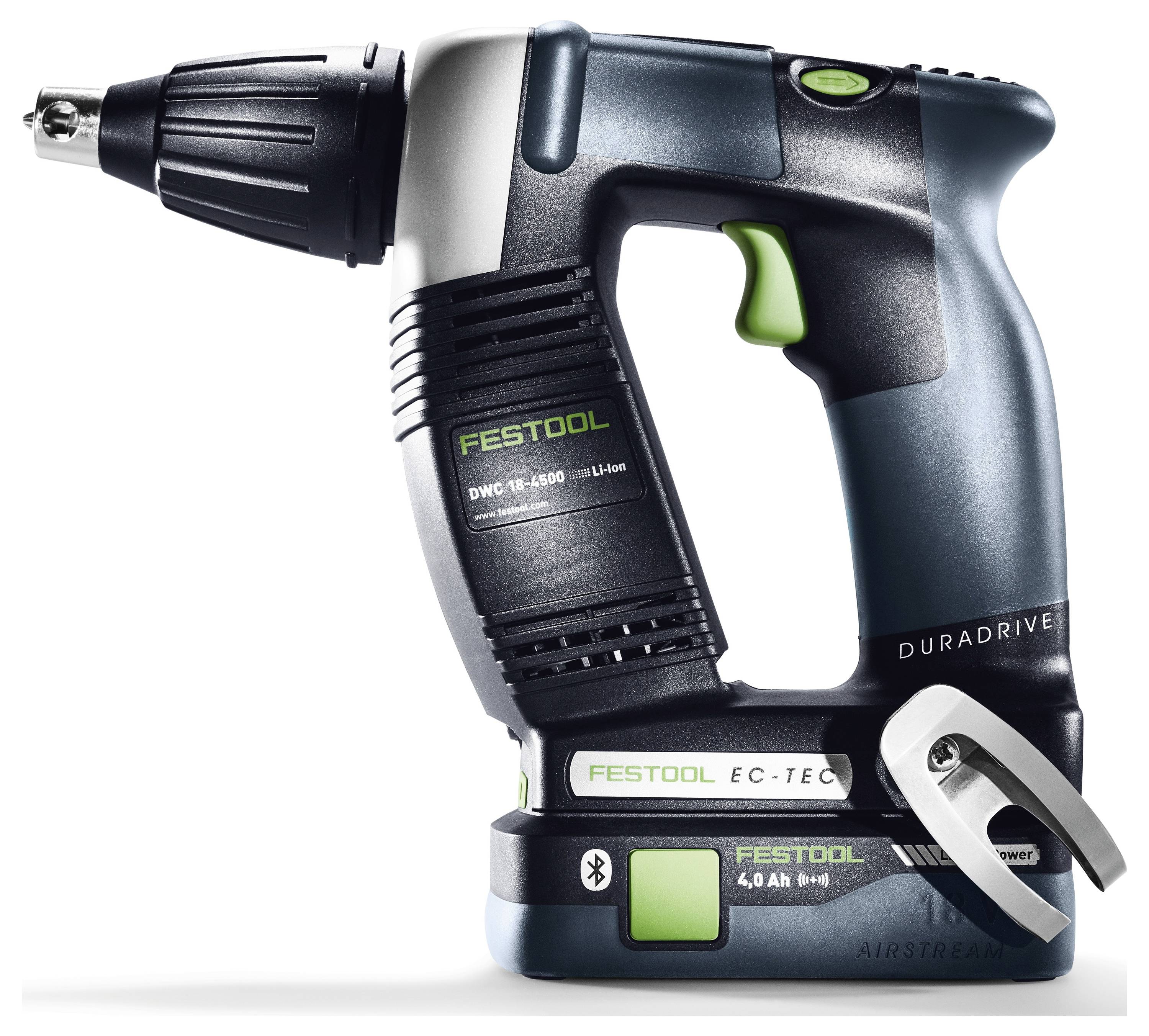 En blå och svart Festool DWC 18-4500-borrmaskin med EC-TEC-motor och Duradrive, utrustad med ett 4,0 Ah-batteri och Bluetooth-modul.