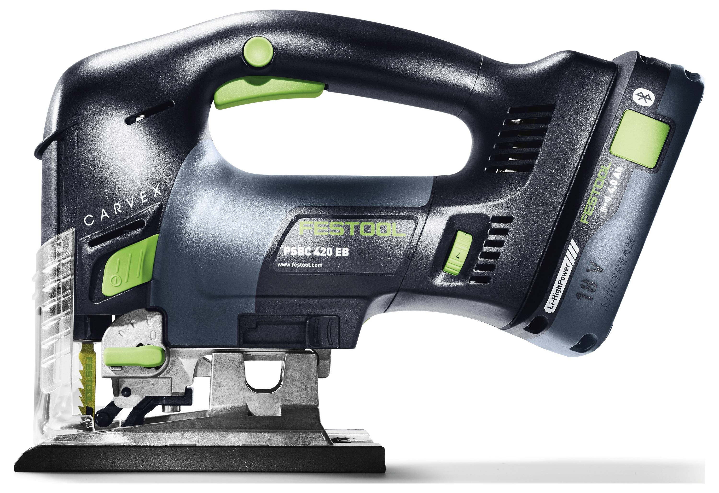 En handhållen elektrisk stickslip med svart och grön design, märkt "Festool PSC 420 EB", med ett böjt ergonomiskt handtag för exakt skärning.