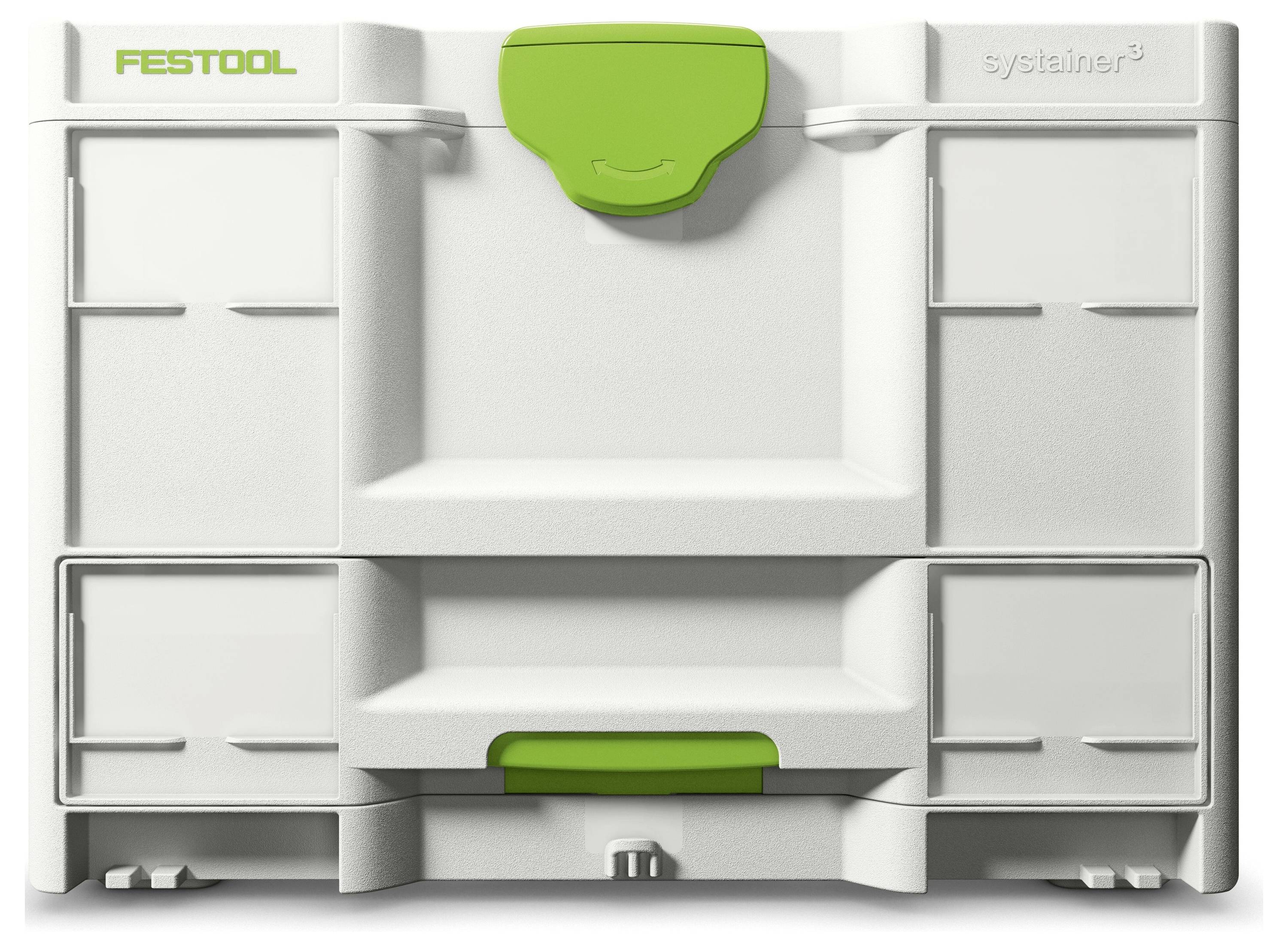 "Systainer³-verktygslåda" av Festool, med ett modulärt lagringssystem i vit och grön design, används för att organisera verktyg och utrustning.