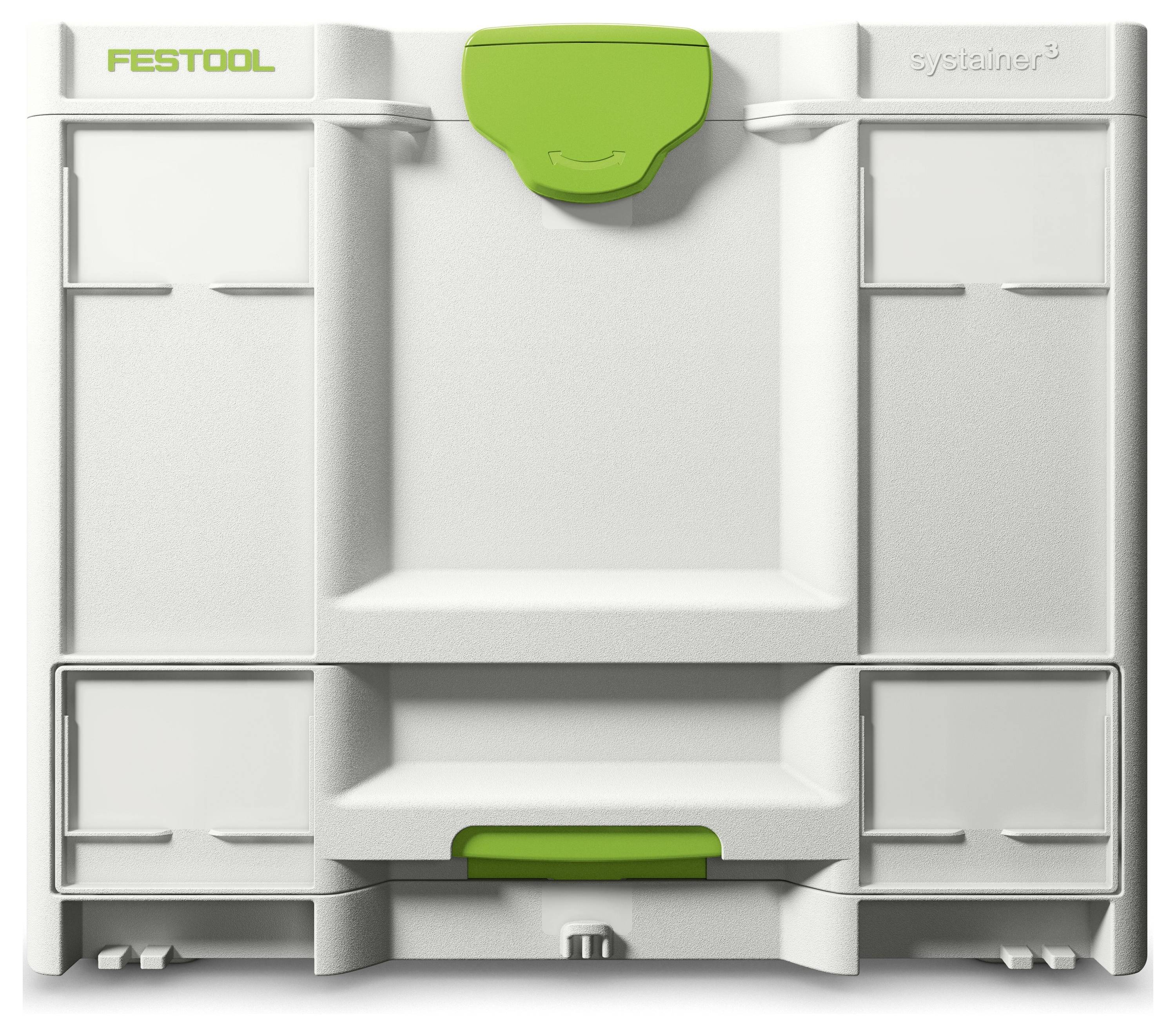 En vit Festool Systainer³ med gröna snäppningar, utrustad med fack och ett handtag för organisering och transport av verktyg.