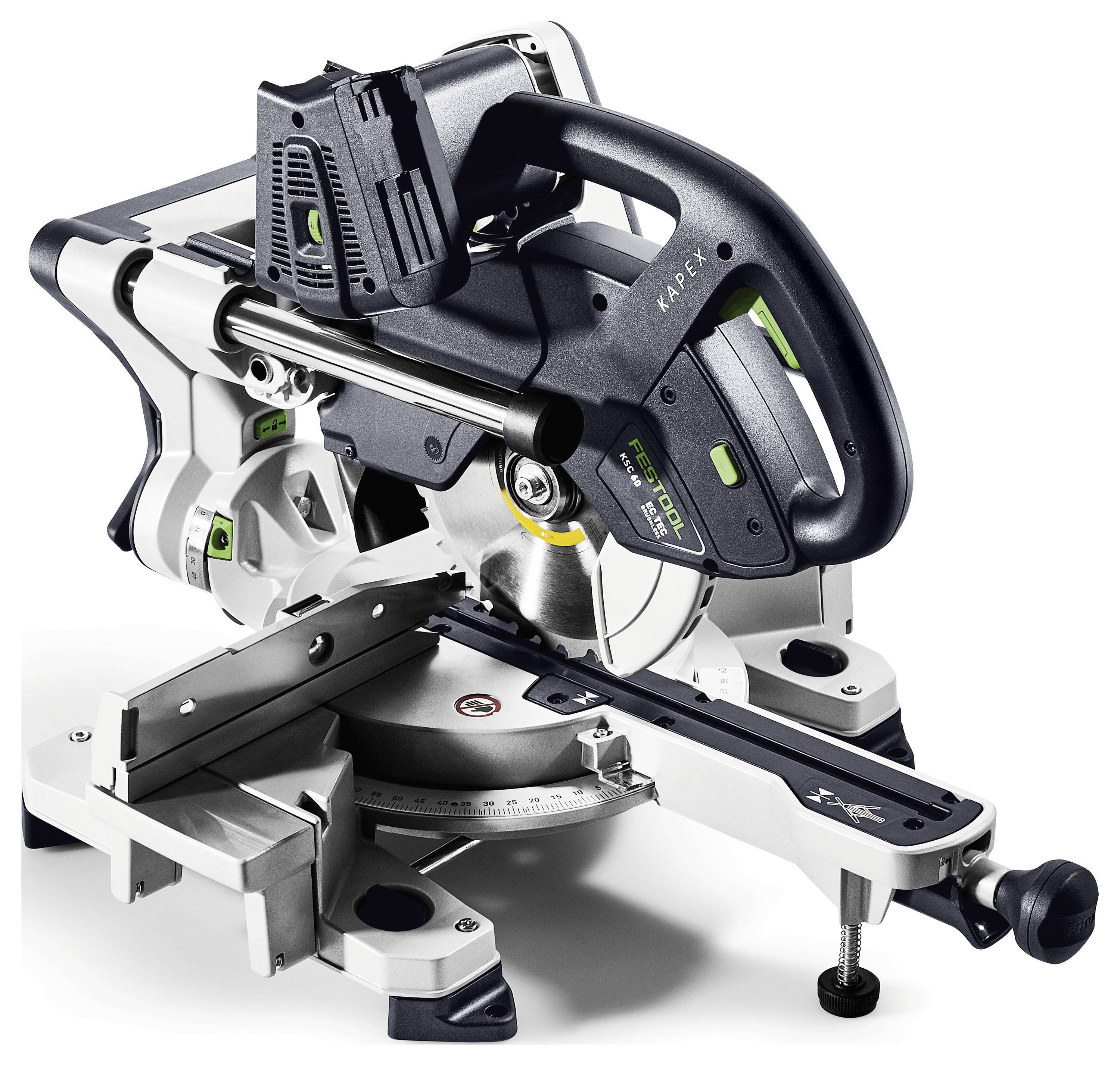 En svart och silver motorsåg för gehringssnitt med en laserguide och justerbar arm, designad för precisionsträverk i trä.
