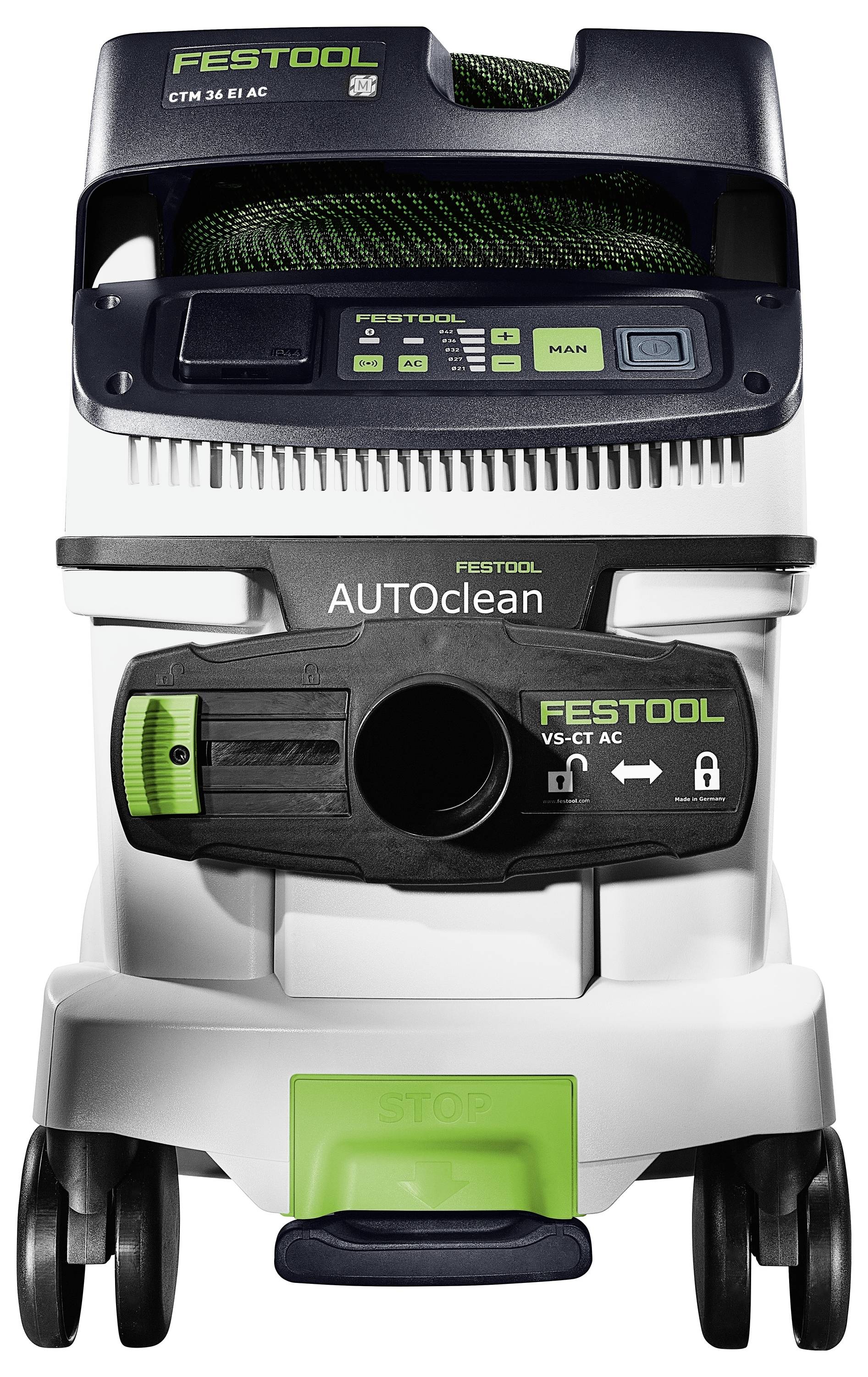 Festool CTM 36 E AC dammsugare med AUTOClean-funktion, en kontrollpanel för sugeinställningar och stora hjul för mobilitet.