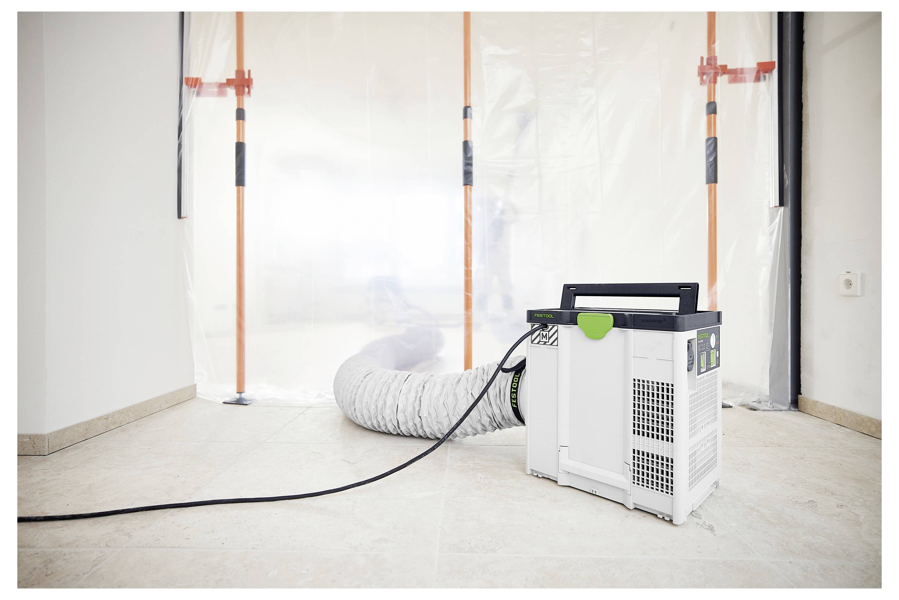 Festool Planex Easy LHS-E 225 EQ gipsplatsslipar med utdragbar handtag och bärväska, främst använd för tak- och väggslipning.