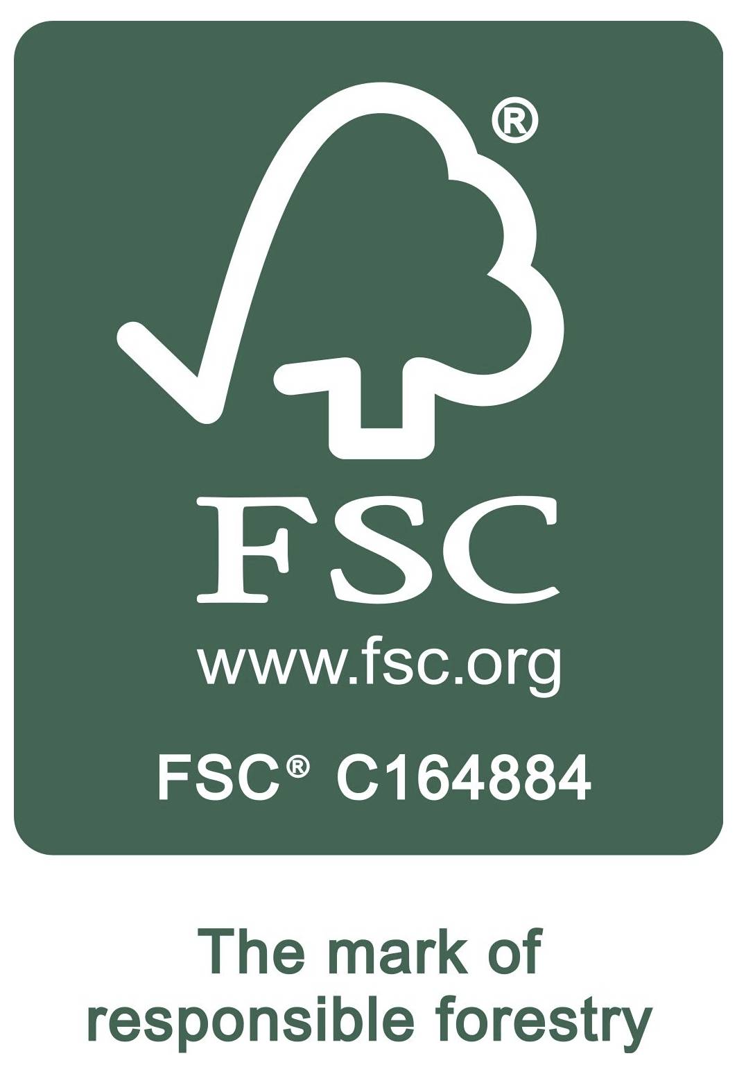'FSC-logo med trädomriss, text "FSC www.fsc.org FSC C164884". Nedan står det "Märket för ansvarsfull skogsbruk".'