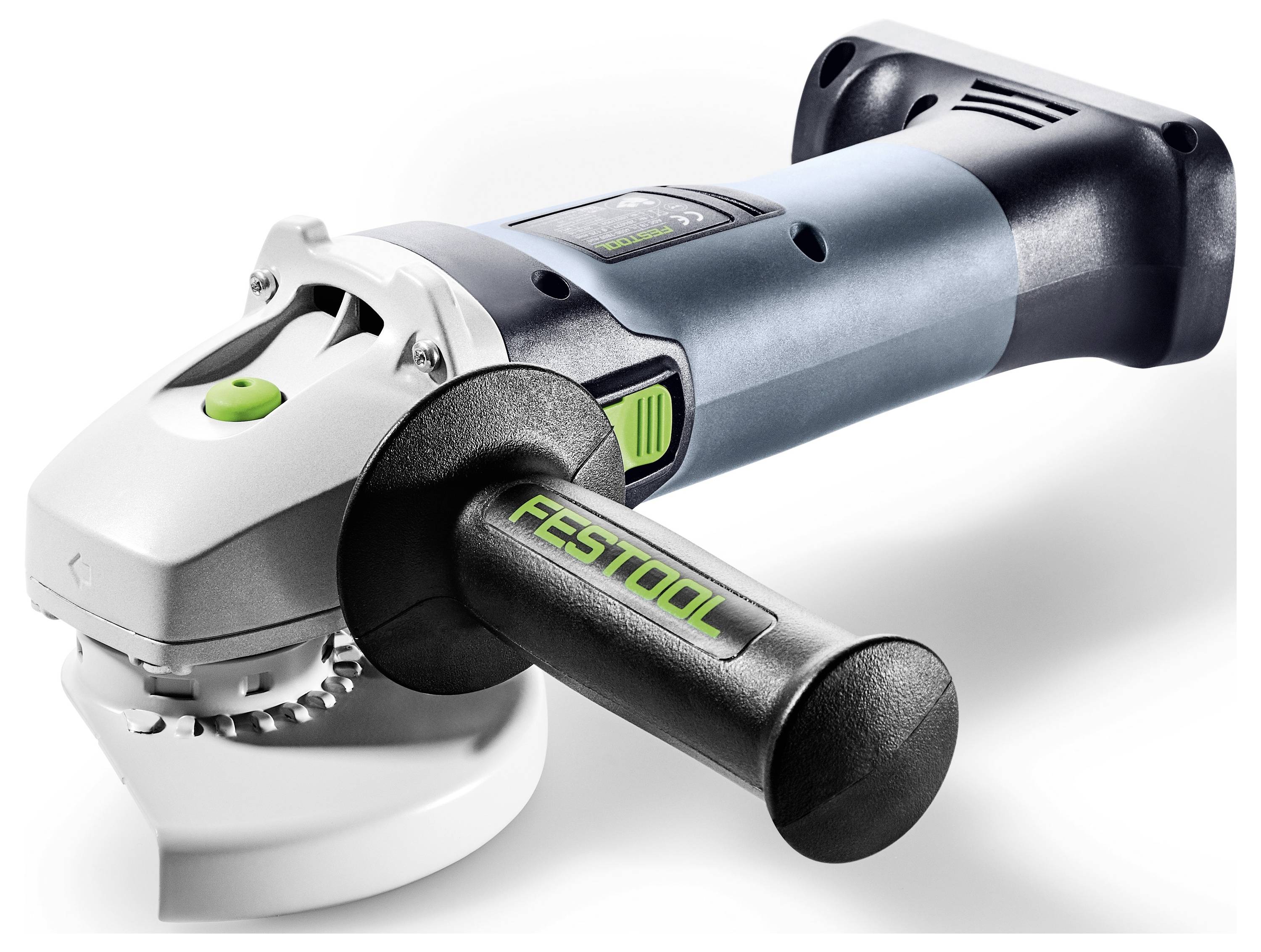Trådlös vinkelslipar med ett robust handtag, märkt "Festool", med silver- och blådesign och gröna knappar för styrning.