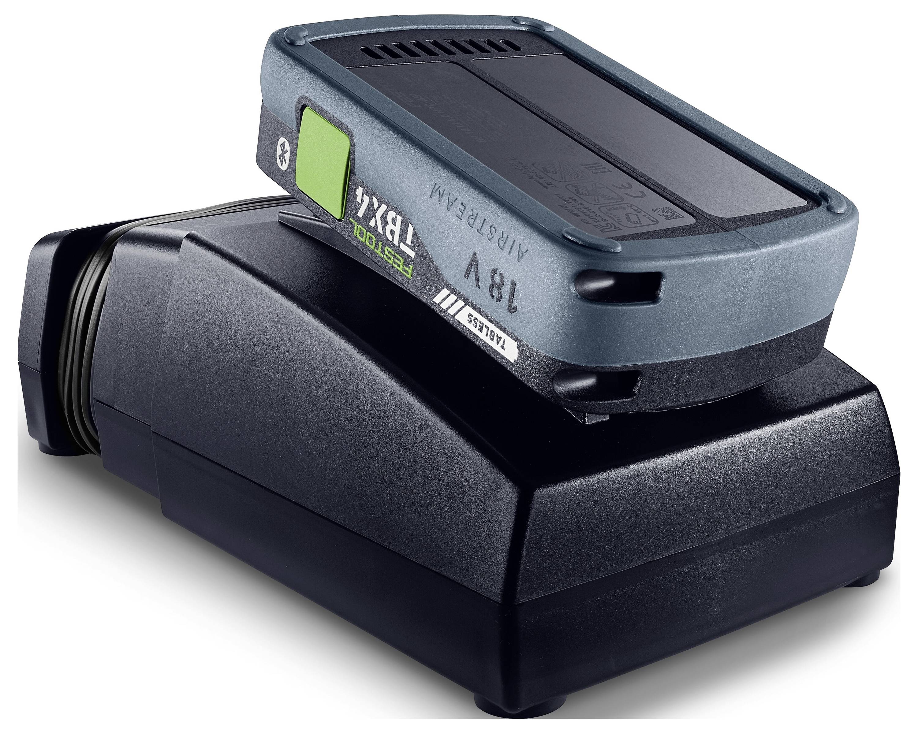 Ett uppladdningsbart batteri är placerat på en svart laddningsdocka. Batteriet är märkt "18V 1500mAh Li-ion".