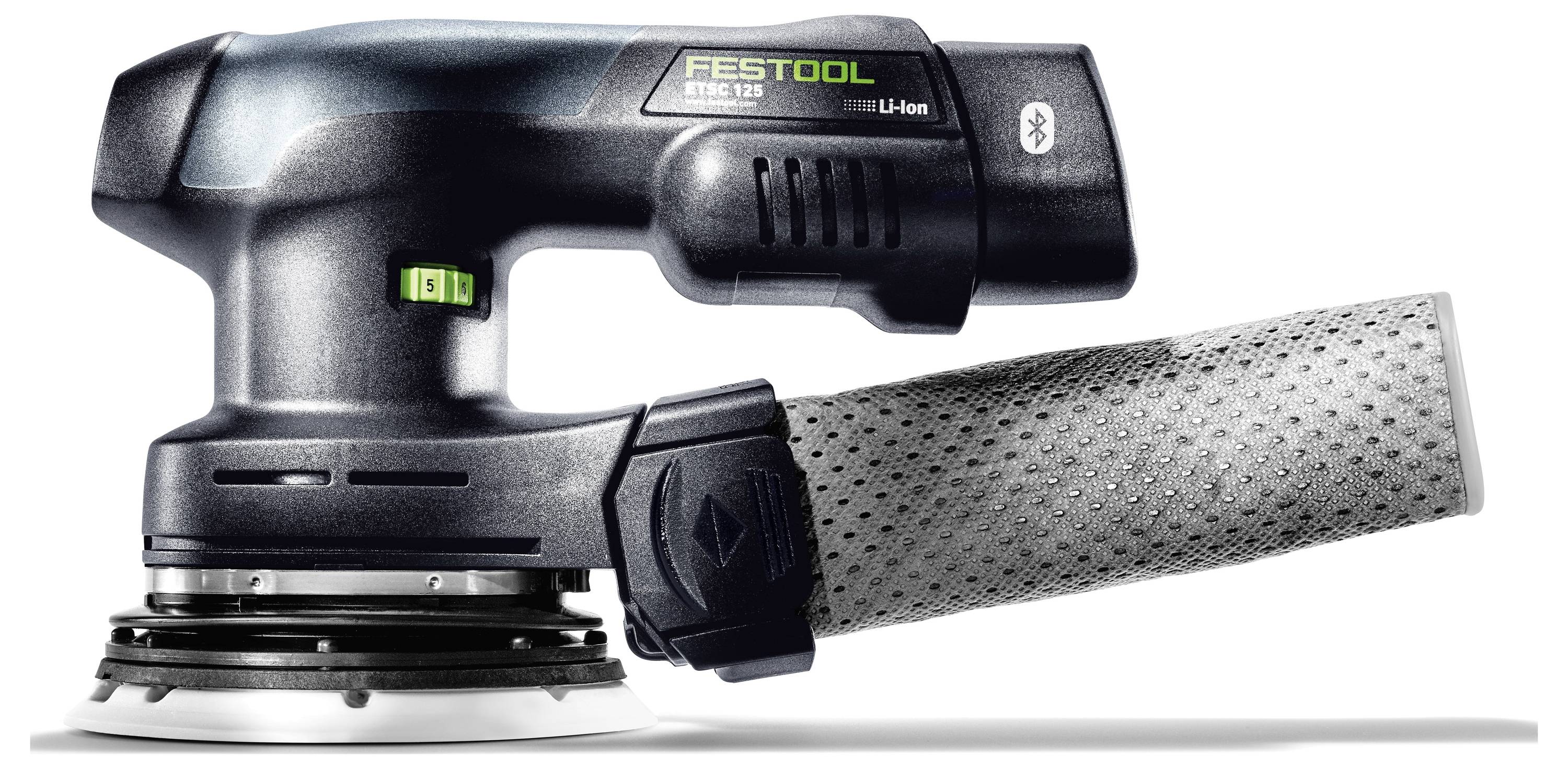 En handhållen Festool ETSC 125 trådlös slipmaskin med en grå dammsäck monterad, utformad för att slipa ytor effektivt.