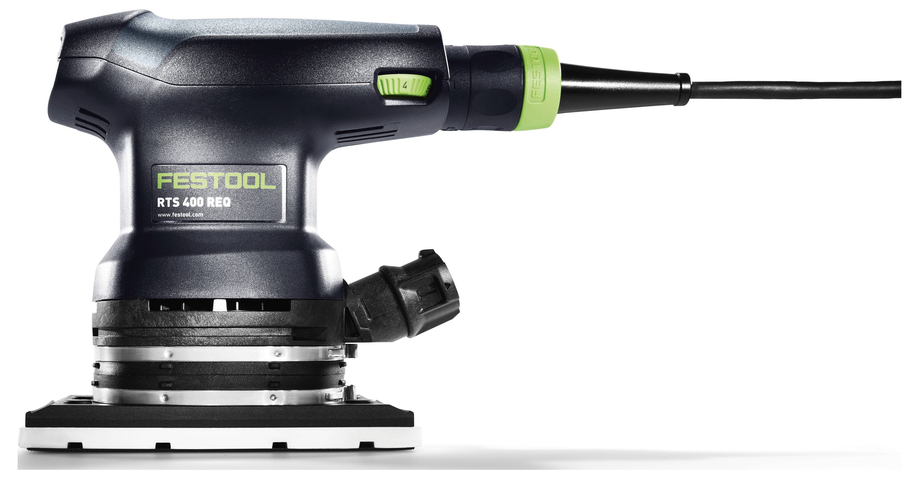 En svart och grön FESTOOL RTS 400 REQ slipmaskin visad från sidan, som belyser dess kompakta design och strömkabelanslutning.
