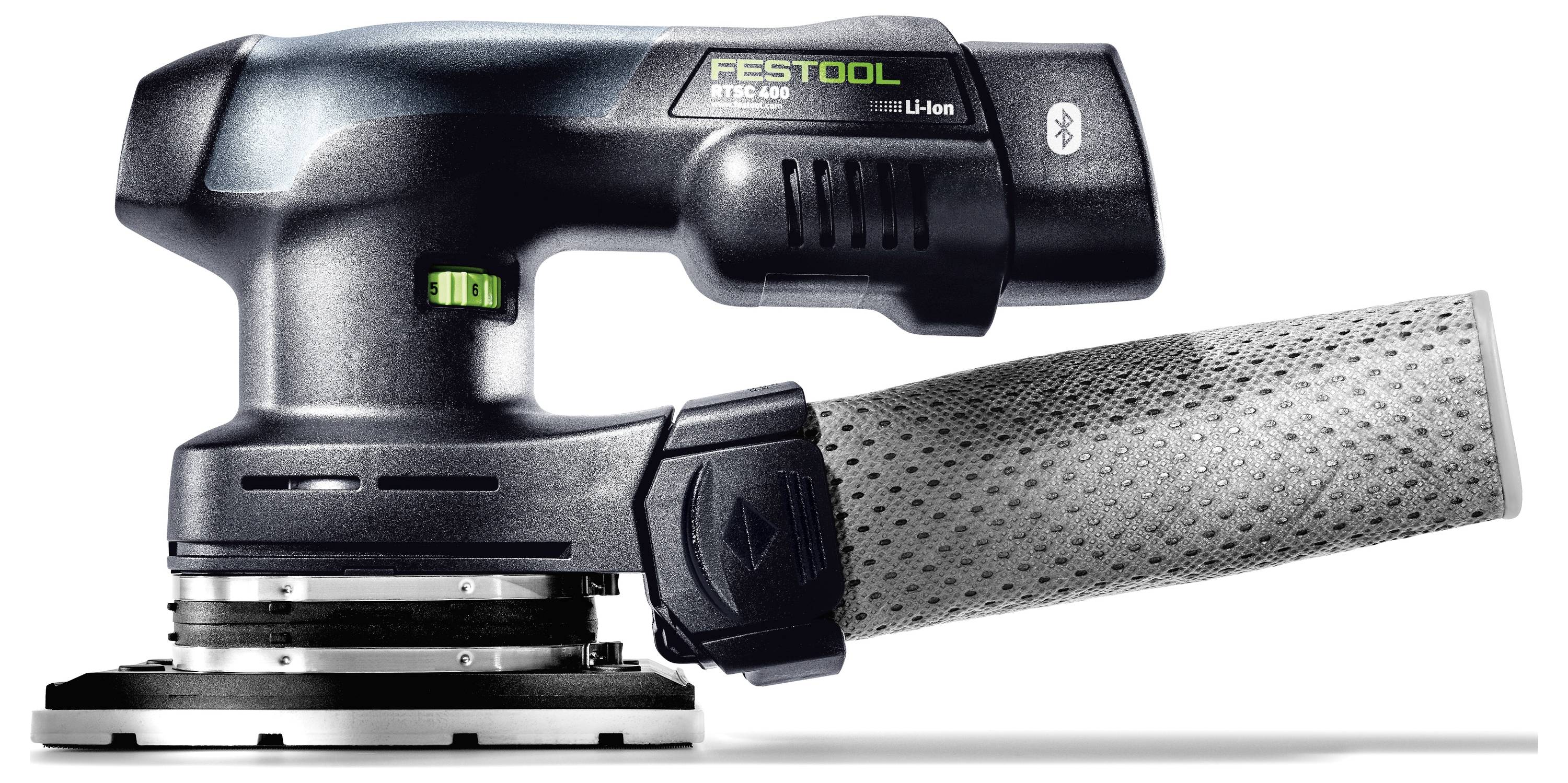 "Festool ETSC 125 trådlös slipar" med ergonomiskt grepp, dammsugningspåse och elegant design för effektiv slipning i olika projekt.