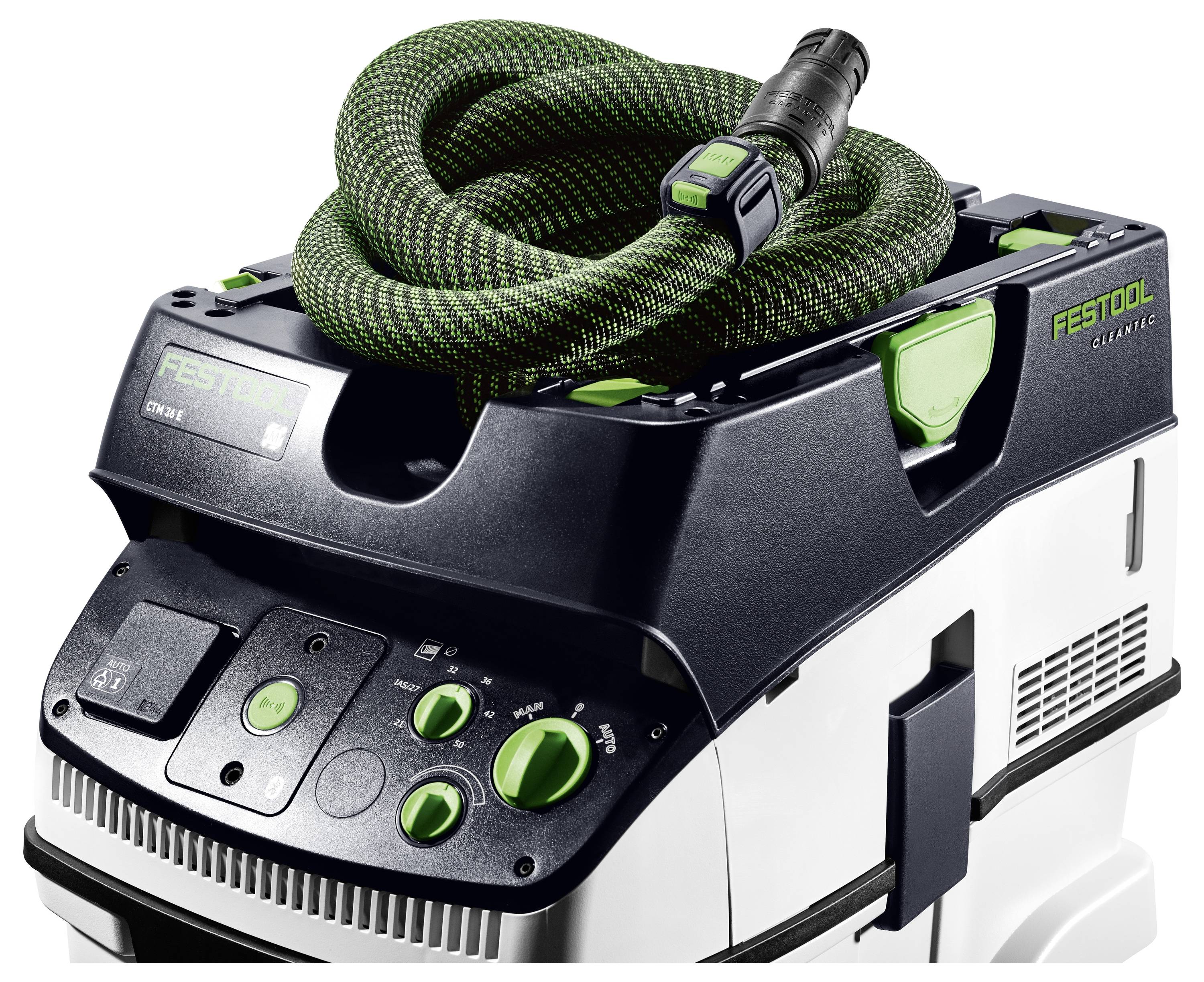 'Festool Dammsugare CTM 36 E' med grön slang, flera kontrollknappar och hjul för enkel förflyttning.