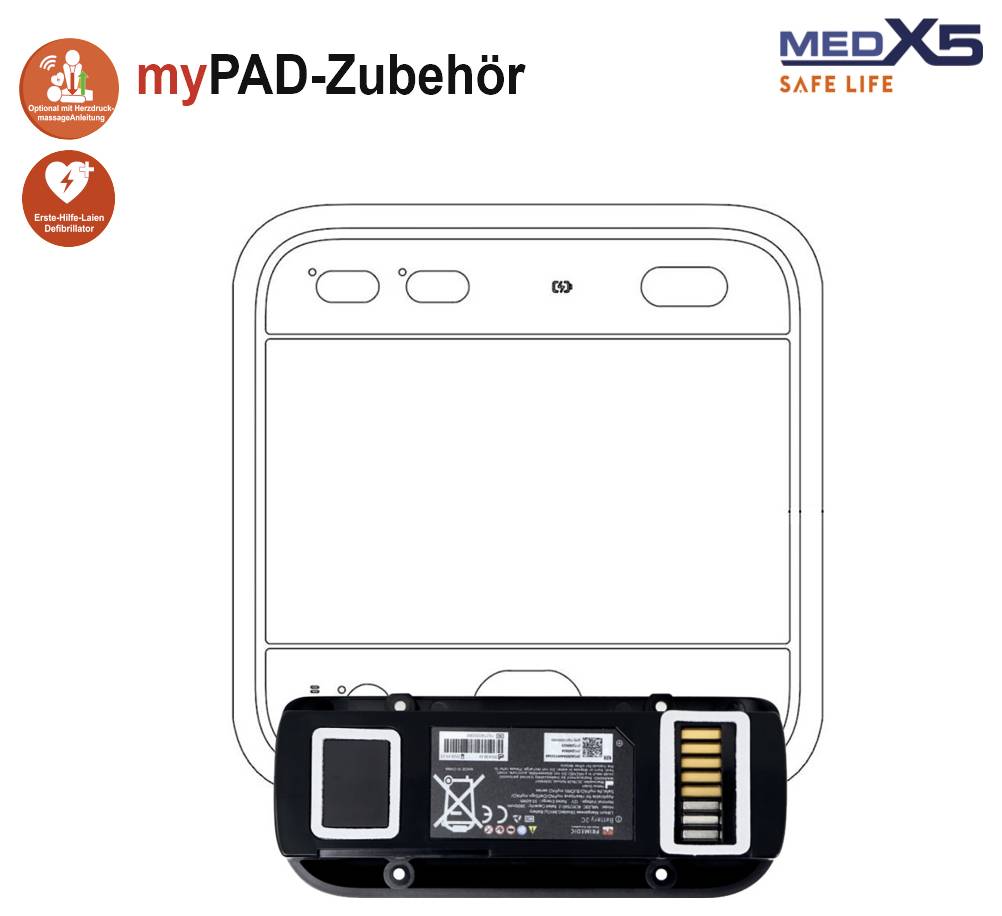 Diagram över myPAD-tillbehör som visar ett myPAD-enhetstillbehörspaket med en batterimodul placerad framför enhetskonturen, märkt MEDX5 Safe Life.