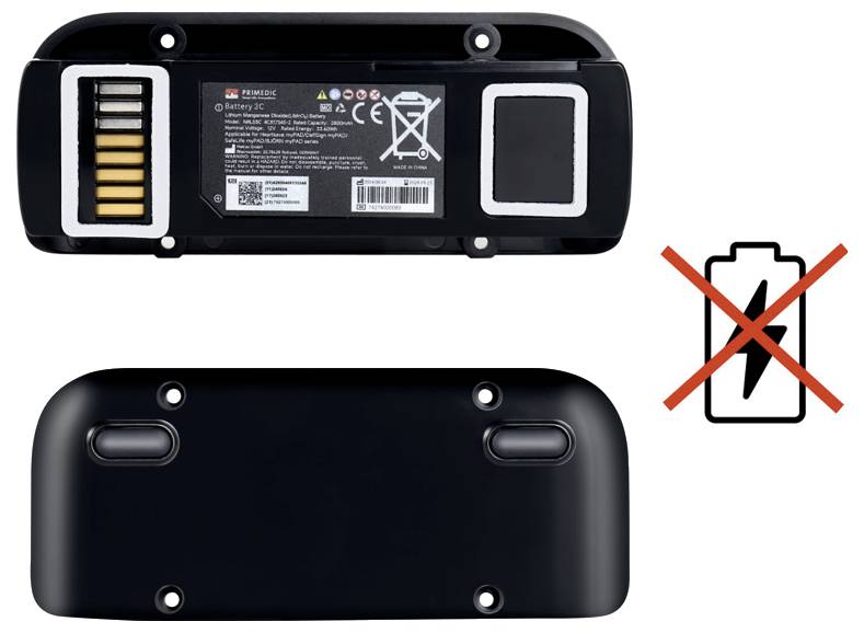 Batteripaketet visas från fram- och baksida, med laddningskontakter och en varning om att inte slängas i soporna, angiven med en genomstruken batterikon.
