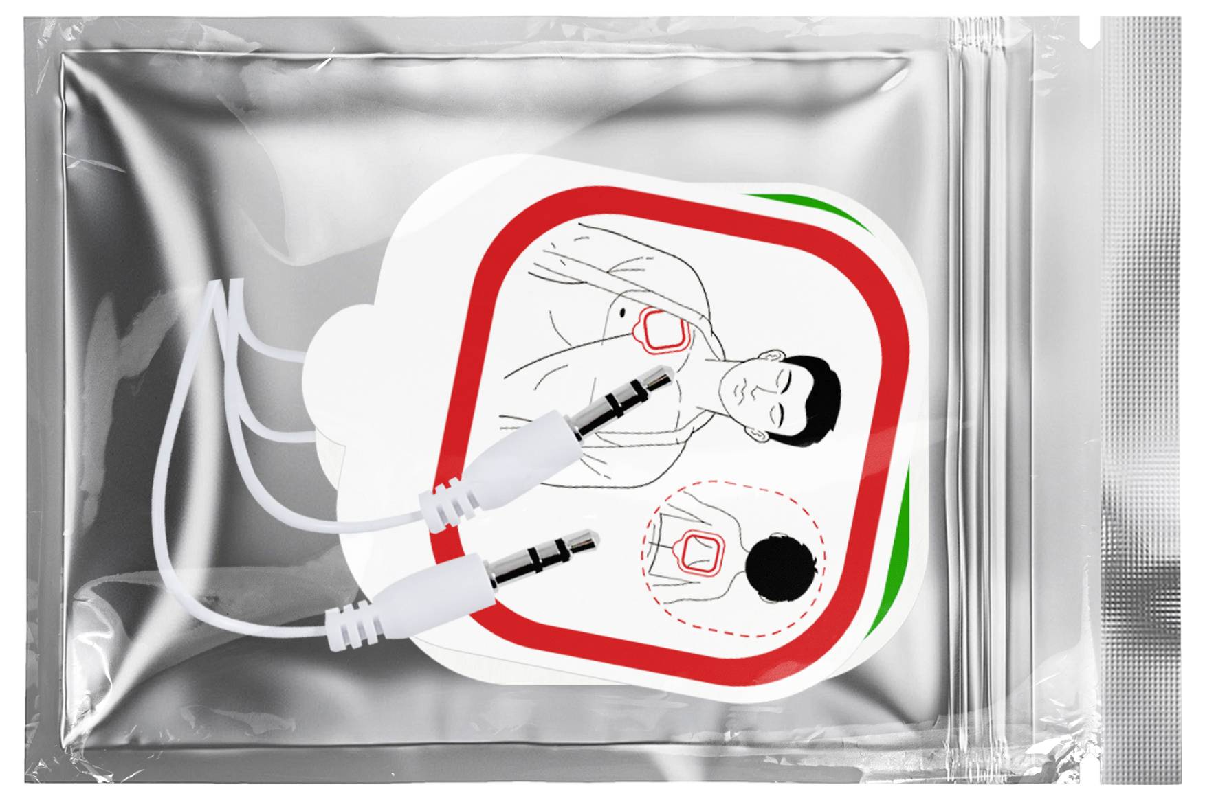 Sterilt förpackad medicinsk apparat med två rörkopplingar och patientplaceringsdiagram på etiketten.