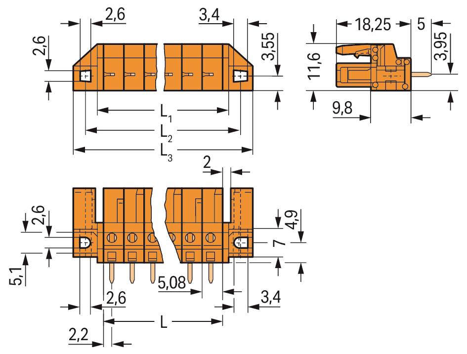 Teknisk ritning av en orange elektrisk anslutning med mätningar i millimeter, som visar fram-, sid- och toppvyer för exakta specifikationer.